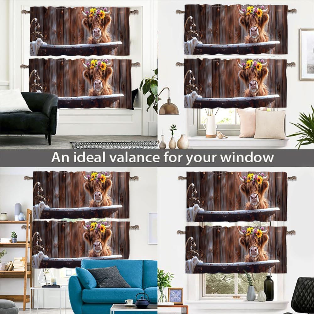 2 Panels Funny Highland Cow Valance for Windows, Vintage Flowers Bathtub Rod Pocket Valance Curtains Home Decor Window Treatment for Kitchen/Living Room, 54" X 18"