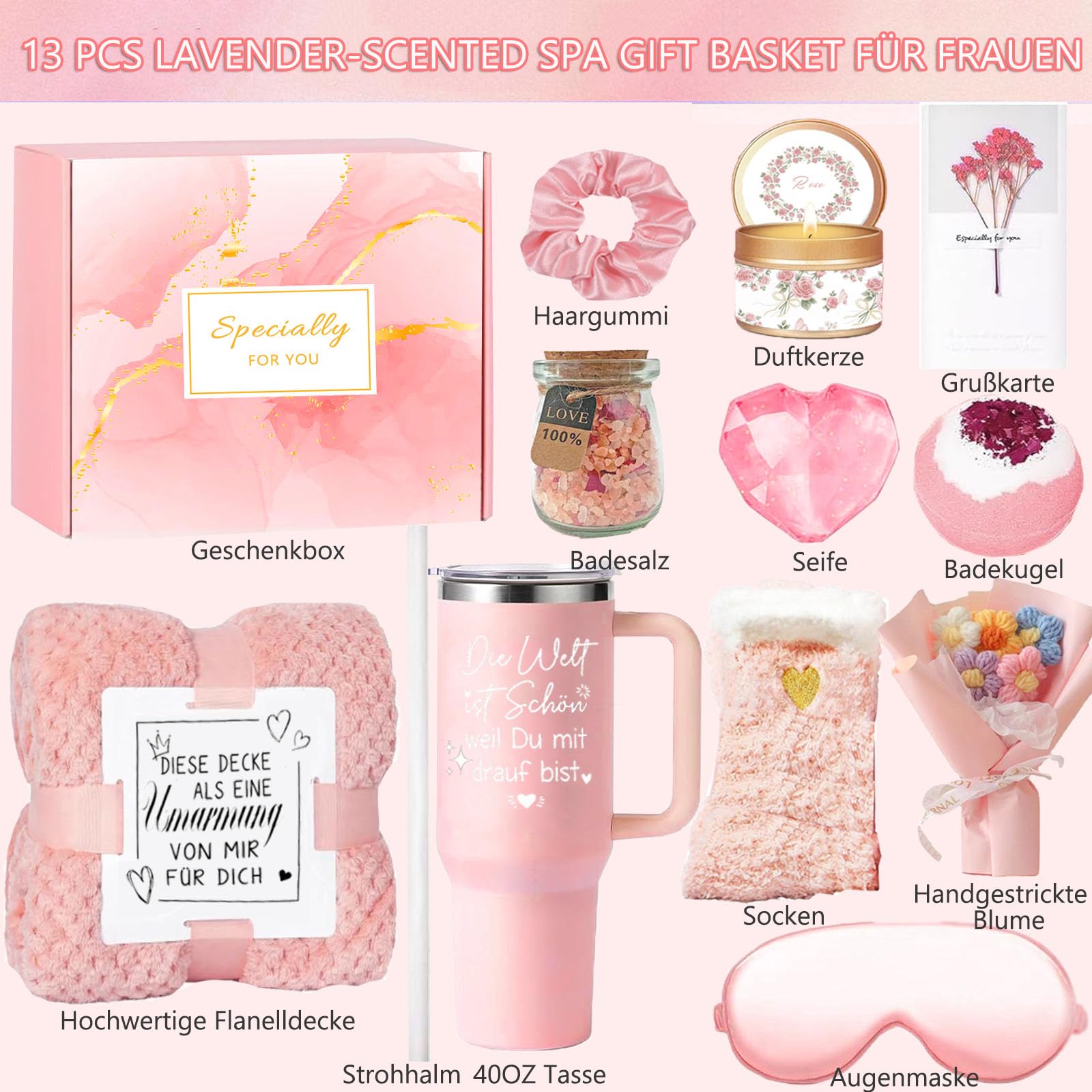 Geschenke für Frauen Geburtstagsgeschenkset Wellness 40 OZ Edelstahl Weinbecher Decke 13tlg Badegeschenkbox