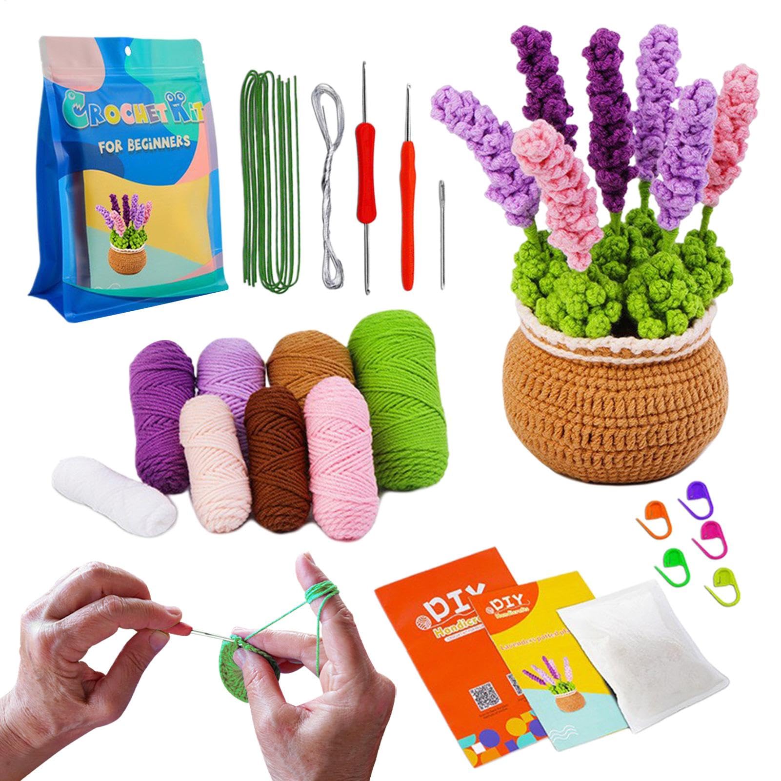 Whnbuij Kit de flores de ganchillo,Kit de ganchillo de plantas en macetas | Plantas en maceta hechas a mano para principiantes - Kit de flores de lavanda, kit de inicio de plantas en macetas, suministr