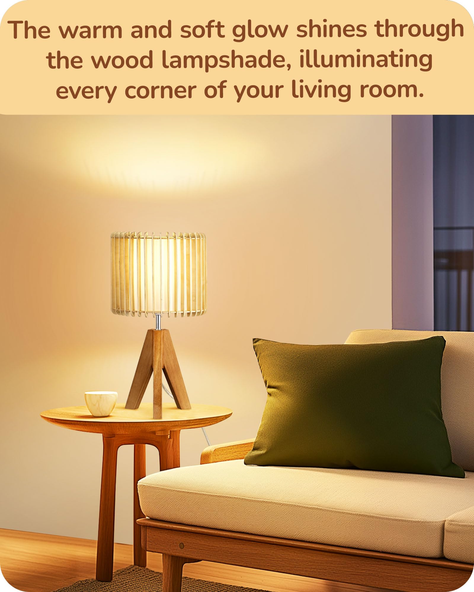 Lámpara de mesa pequeña de 14.17 pulgadas, lámpara de noche con trípode de madera, pantalla hueca de PVC blanco y madera natural, base E26, lámpara de mesita de noche bohemia para dormitorio, 7