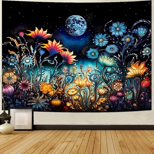 Miniatura 3 de Tushelia Tapiz de plantas florales, tapiz de luna de fantasía, tapiz de flores trippy, tapiz misterioso de cielo estrellado, tapiz negro estético