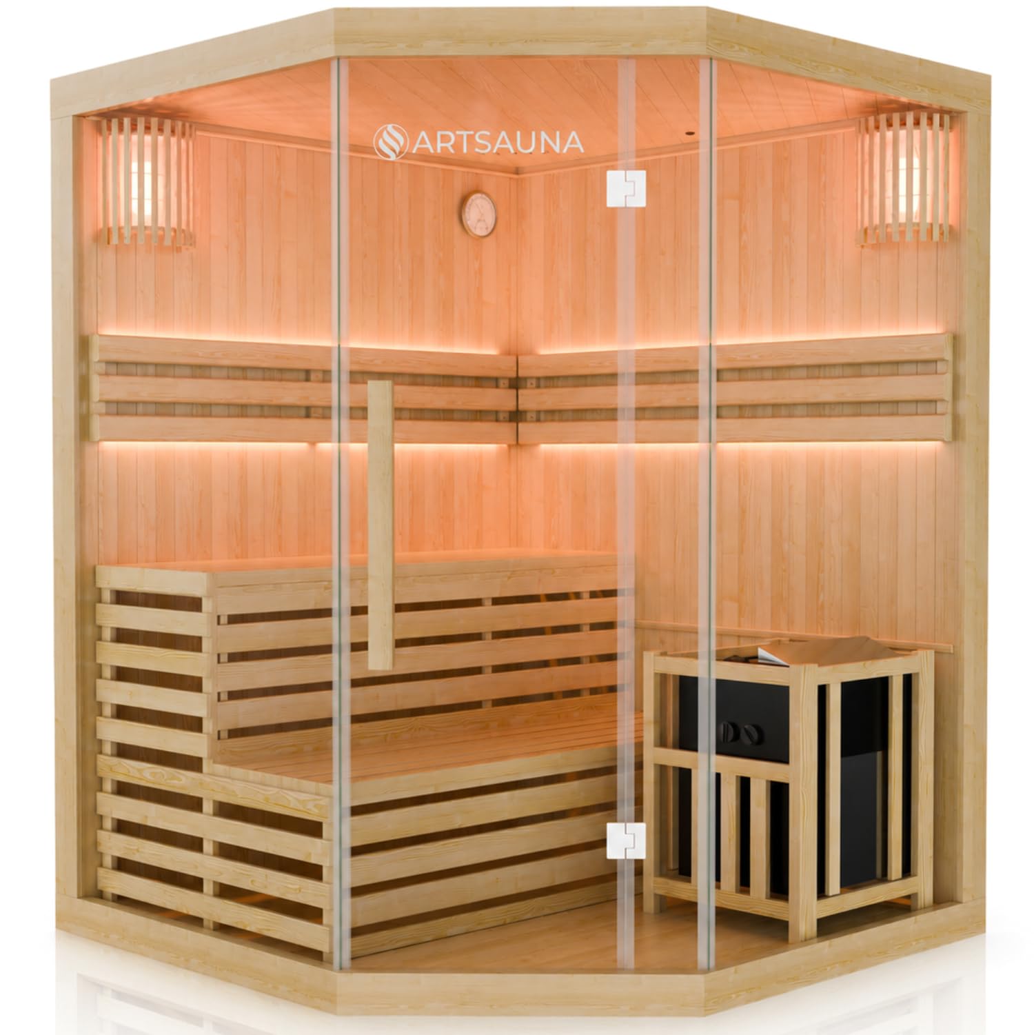 Artsauna Kabina do sauny Espoo150 Premium z piecem Harvia - 3 osoby - drewno hemlock, szklany front i światło LED - z termometrem i klepsydrą - kompletny zestaw