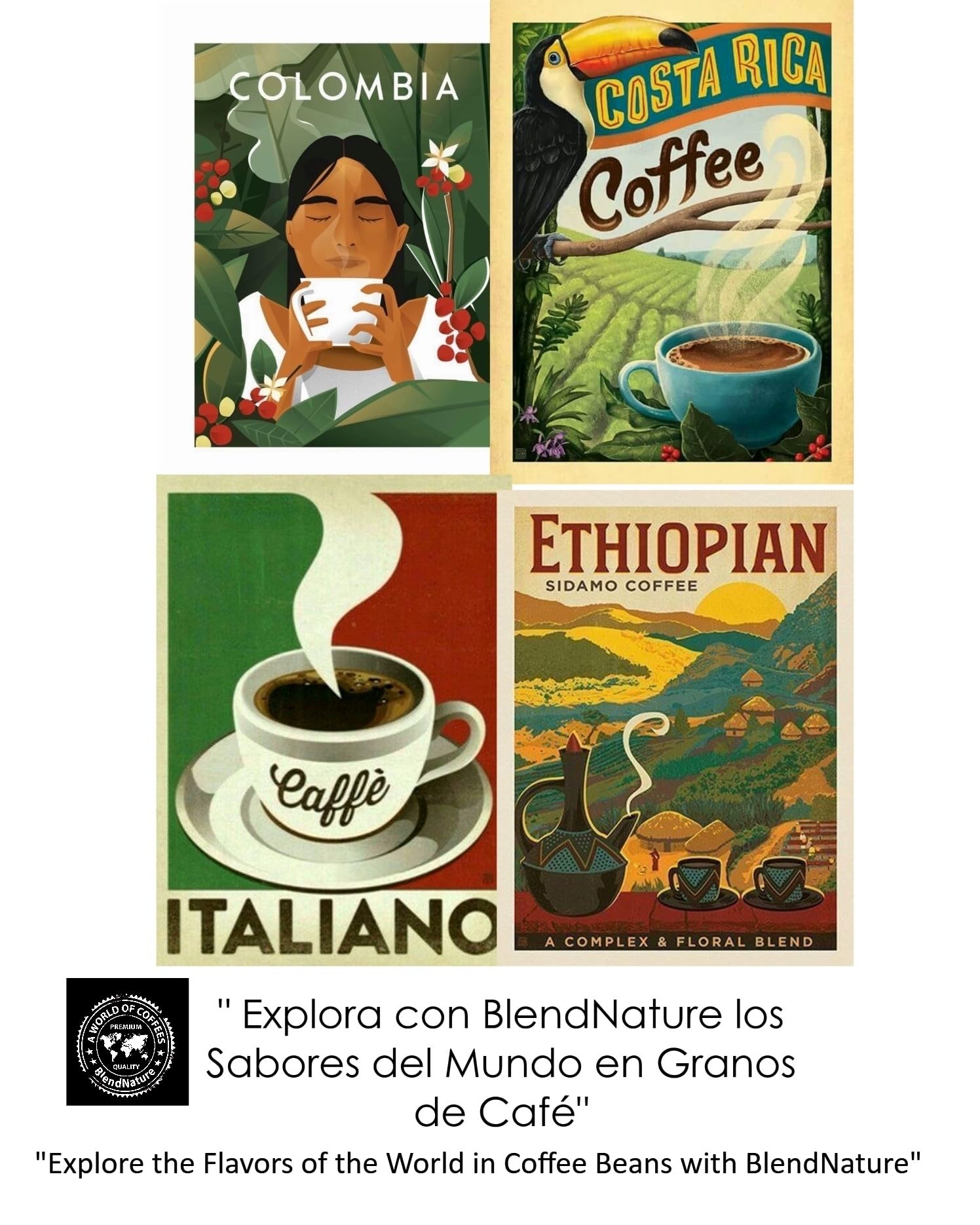 Café pack 4 x 250g en Grano - Seleccion mejores Cafes del mundo Arabicas +Brasil Colombia Etiopia y Tanzania + Caja regalo + Taza vintage - Maxima calidad avalada por la SCA