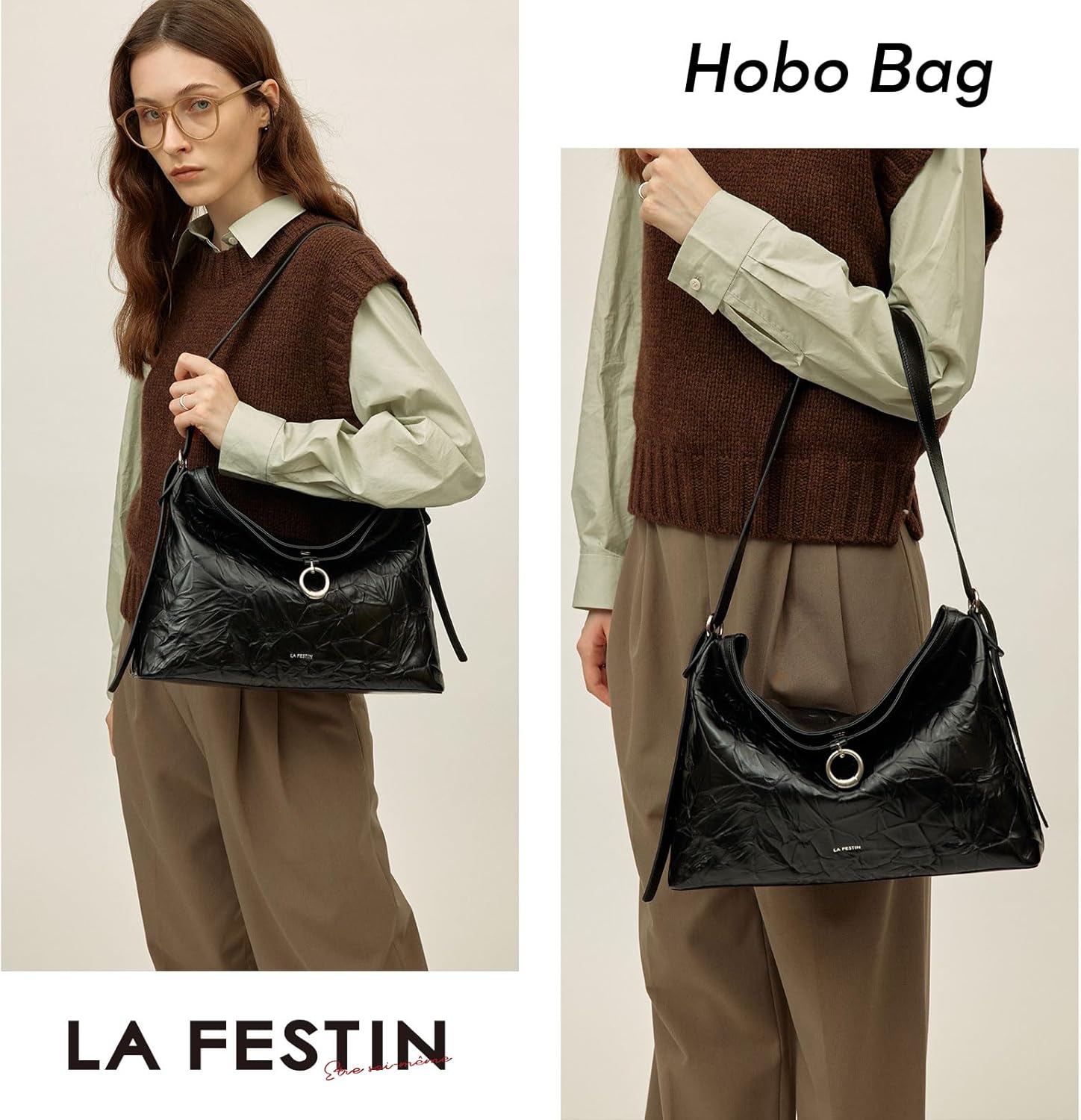 LA FESTIN Leather Hobo Bag for Women Adjustable Strap Crossbody Shoulder Handbag Perfect for Dating,Commuting & Travel - Image 2