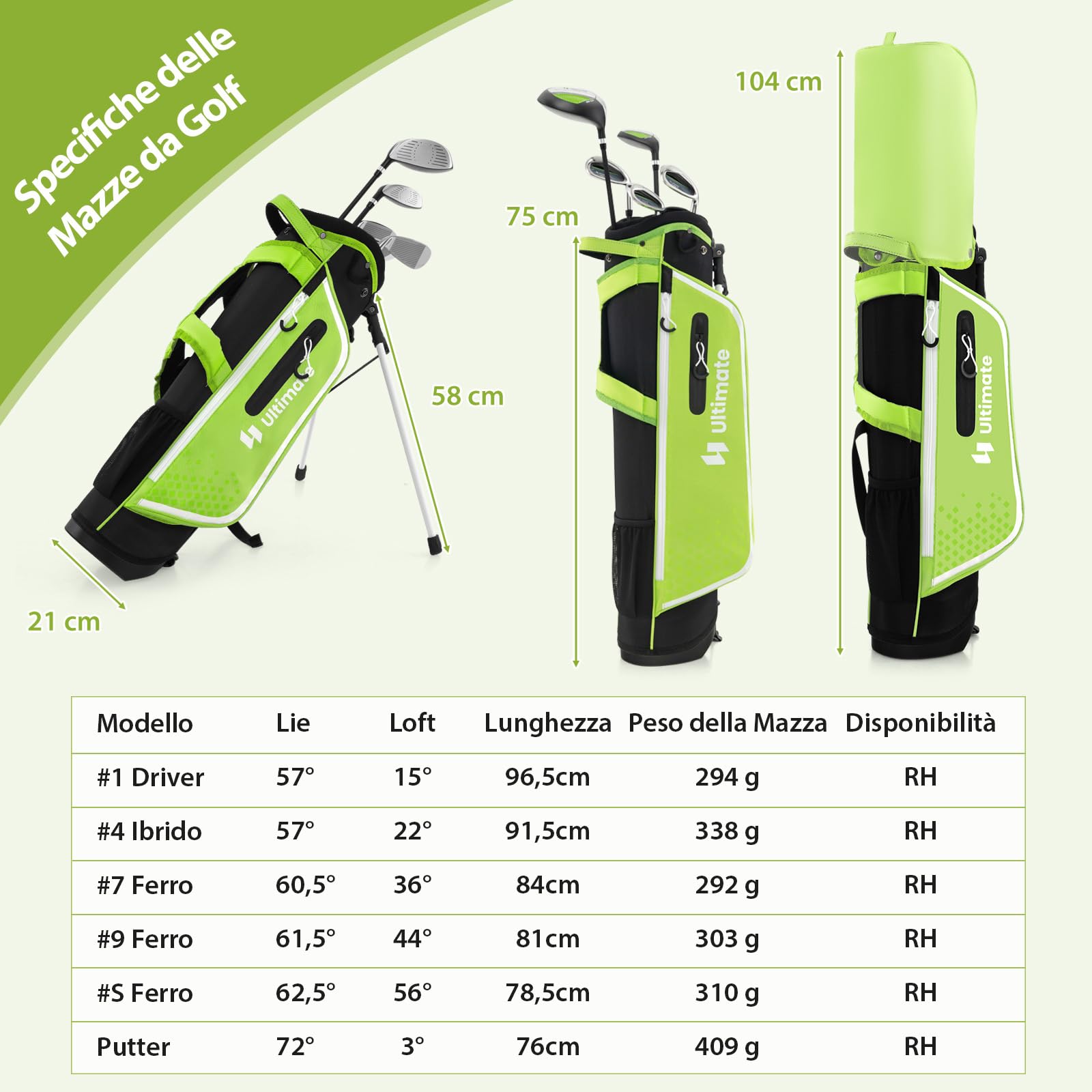 GYMAX Set di Mazze da Golf per 11-13 Anni, Set Completo da Golf Junior con Driver #1 da, Ibrido #5, Ferri #7#9#S e Putter, Grande Borsa da Golf Autoportante