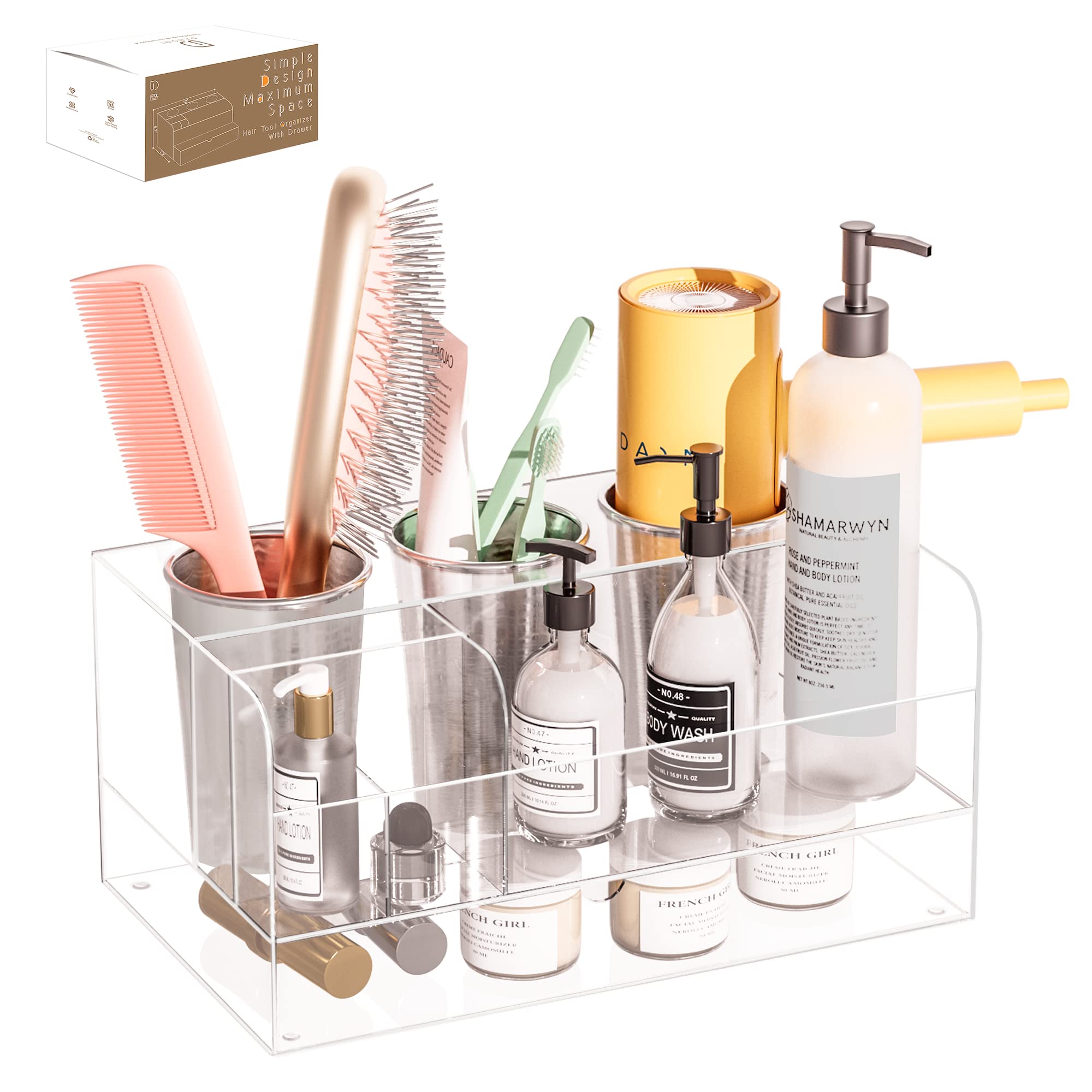 Hair Tool Organizer, Acrylic Hair Styling Tools and Blow Dryer Holder with Drawer for Bathroom Vanity Countertop (Clear)