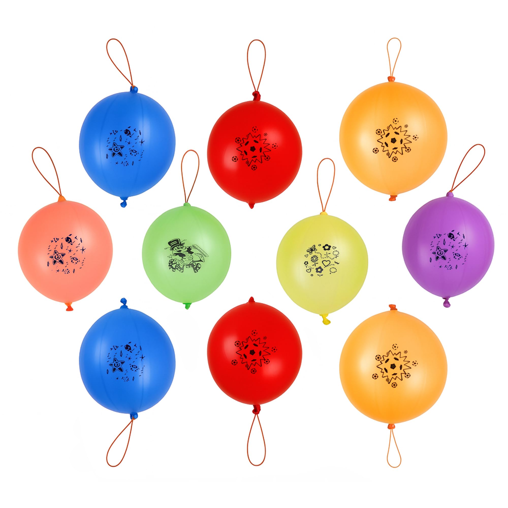 Trimming Shop 500PCS Printed Punch Balloons for Kids, 12 Inch Large Thick & Strong Bouncy Balloons with Elastic String, Assorted Colours, Easy to Inflate Party Bag Fillers & Children’s Games
