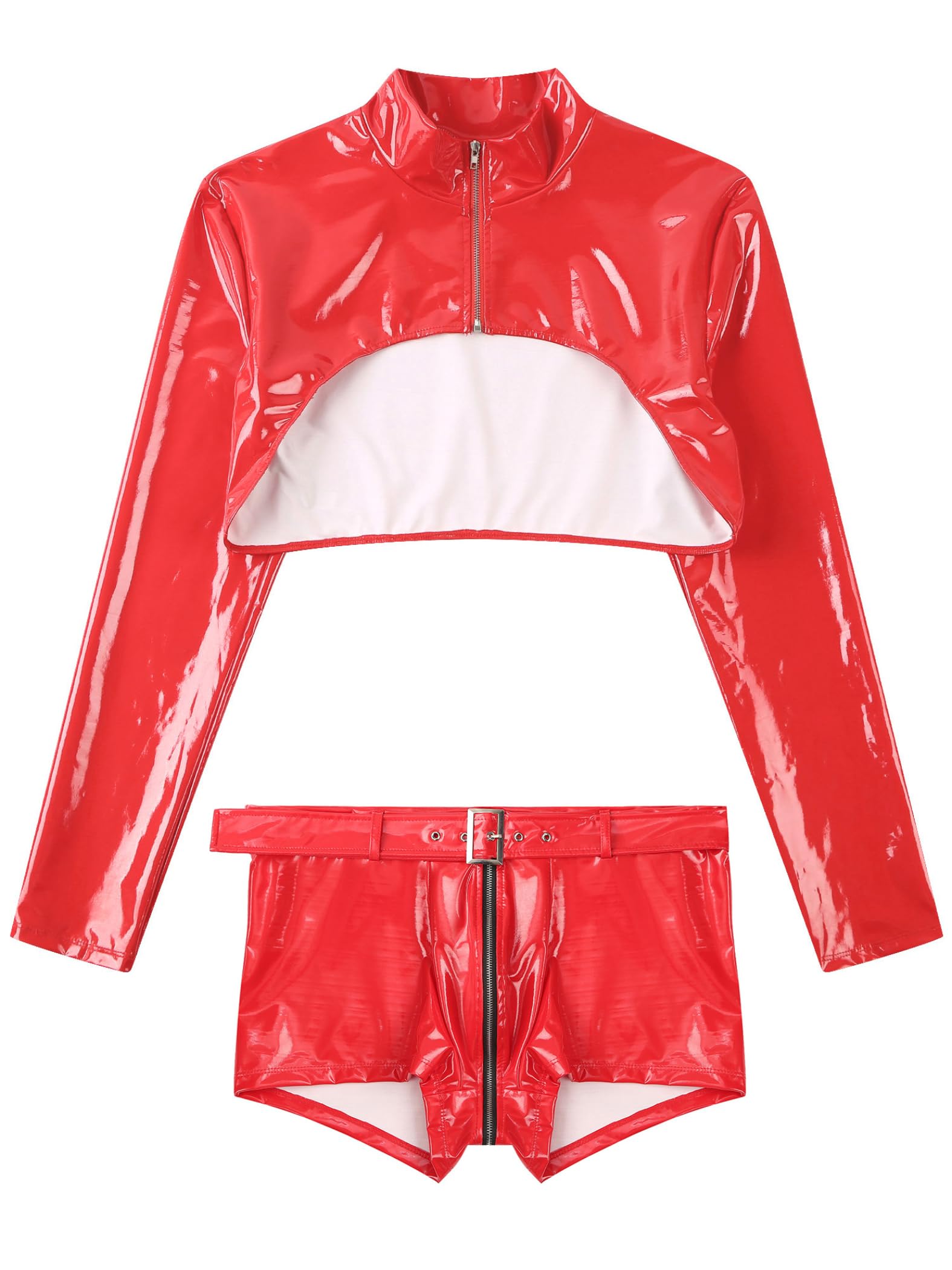 Męskie Wetlook Bielizna Erotyczna Bielizna Lakierowana Skóra Babydoll Crop Top odkrywające bokserki ze skóry PU, Czerwona, M