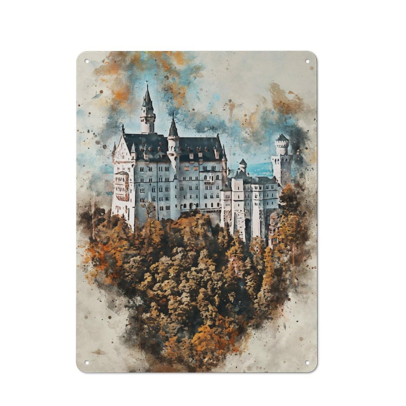 Junmoney Neuschwanstein Watercolor Vintage Tin Wall Plaque 40X30cm For Café Or Restaurant, A Decorative Christmas Gift For Café Owners And Decorators