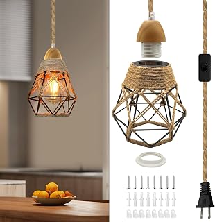 Industrial Hemp Rope Pendant Light Fittings, 16.7FT Vintage Pendant Light Cord Kit with 14x16 cm Metal Lampshade, Rustic Hanging Lights with Plug in Cord, E26 E27 Light Socket, for Living Room