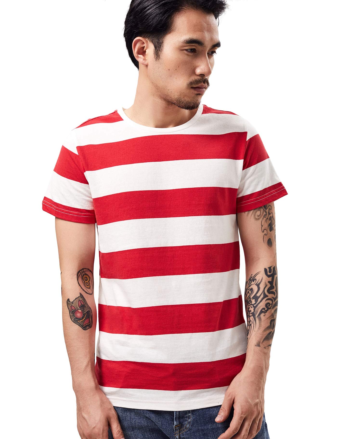 Wide Striped T Shirt for Men Breton Tee Stripes Sailor Top Cotton Basic Short Sleeve for Summer Beach Red and White Striped XXL