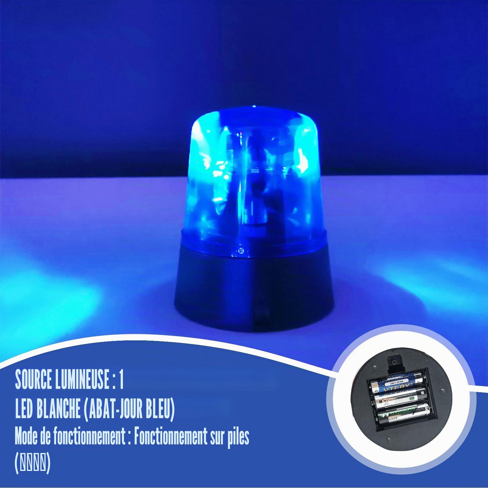 Lumière bleue LED: 2 lampes de fête au design lumière bleue, gyrophare avec réflecteur rotatif, flash DJ à 360°, fonctionnement sur piles, éclairage de fête DJ, décoration pour club