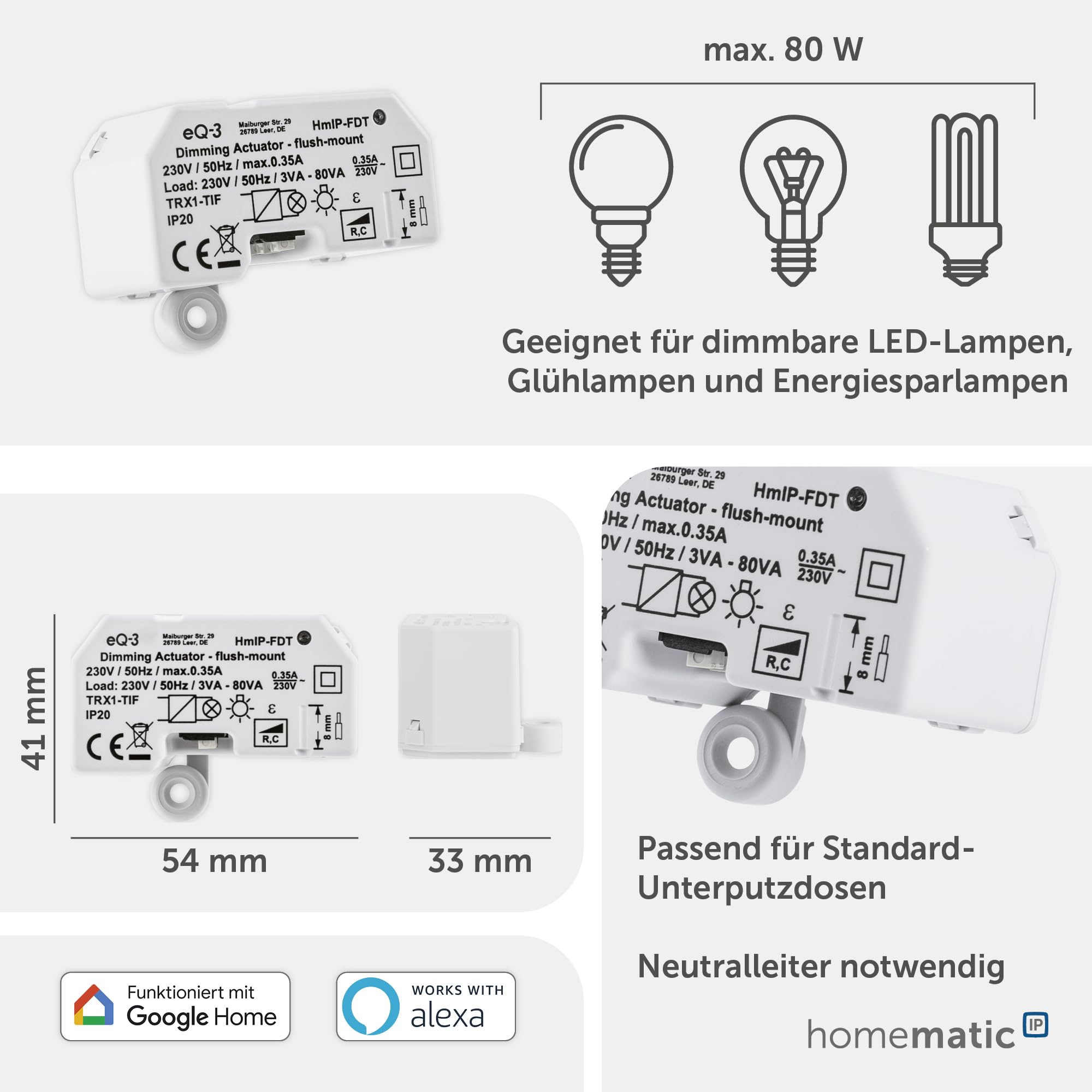 Homematic IP Dimmaktor Unterputz – Phasenabschnitt, Smart Home, dimmt Leuchten per App, Alexa & Google Home, digitaler Phasenabschnittsdimmer für dimmbare Leuchtmittel und LED-Lampen, 150609A0