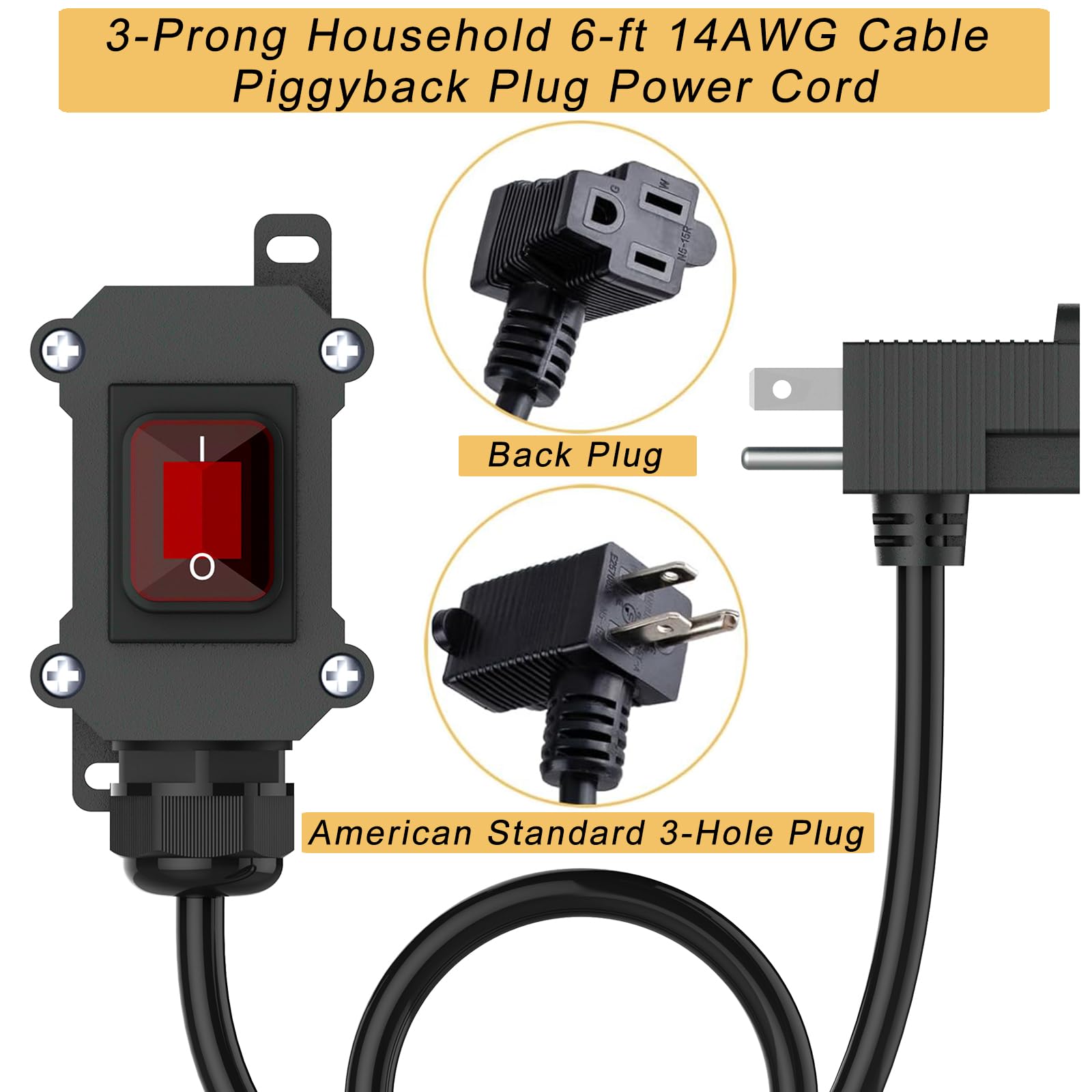 Interruptor de cable en línea con cable 14AWG de 6 pies (3 puntas), cable de extensión impermeable IP67 con interruptor de encendido/apagado, AC/DC 20A-125V, interruptor de alimentación en