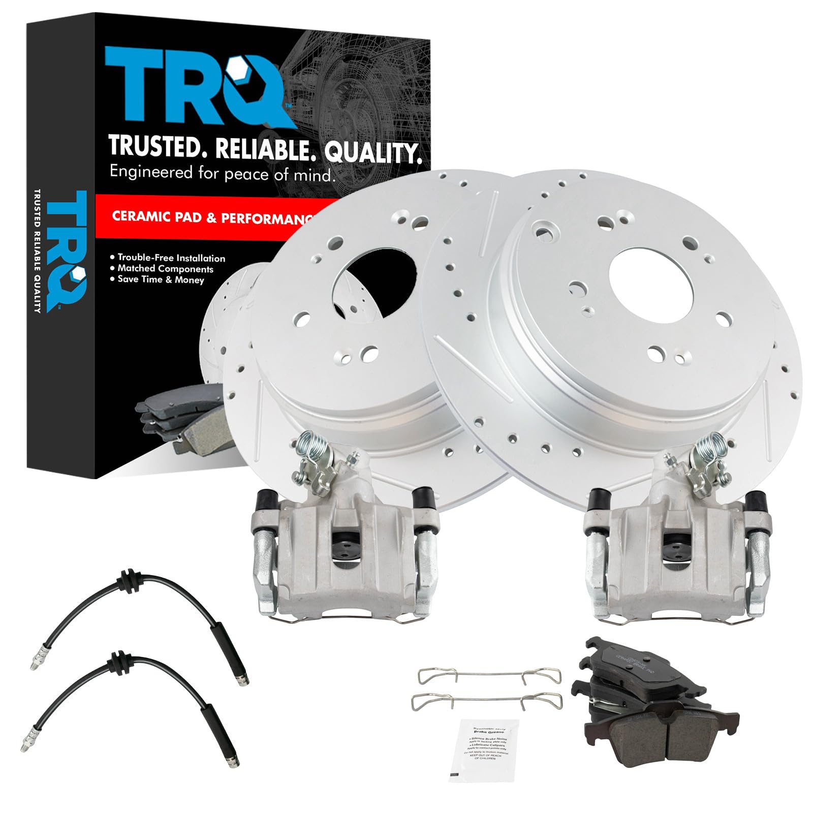 TRQ Performance Rear Brake Pad and Rotor Set Ceramic Slotted Drilled G Coated Rotors Calipers Hoses Compatible with 2004-2005 Mazda 3 S 2005 3 SP23