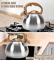 Vista 7 de Hervidor de agua clásico de acero inoxidable de 3.2 cuartos de galón, acabado de metal cepillado con mango de madera, caldera de agua para estufa