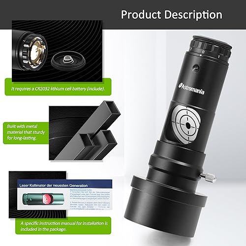 Miniatura 7 de Astromania Colimador láser para telescopios newtonianos dobsonianos, alineación de telescopios de 1.25 pulgadas, 7 niveles brillantes con adaptador