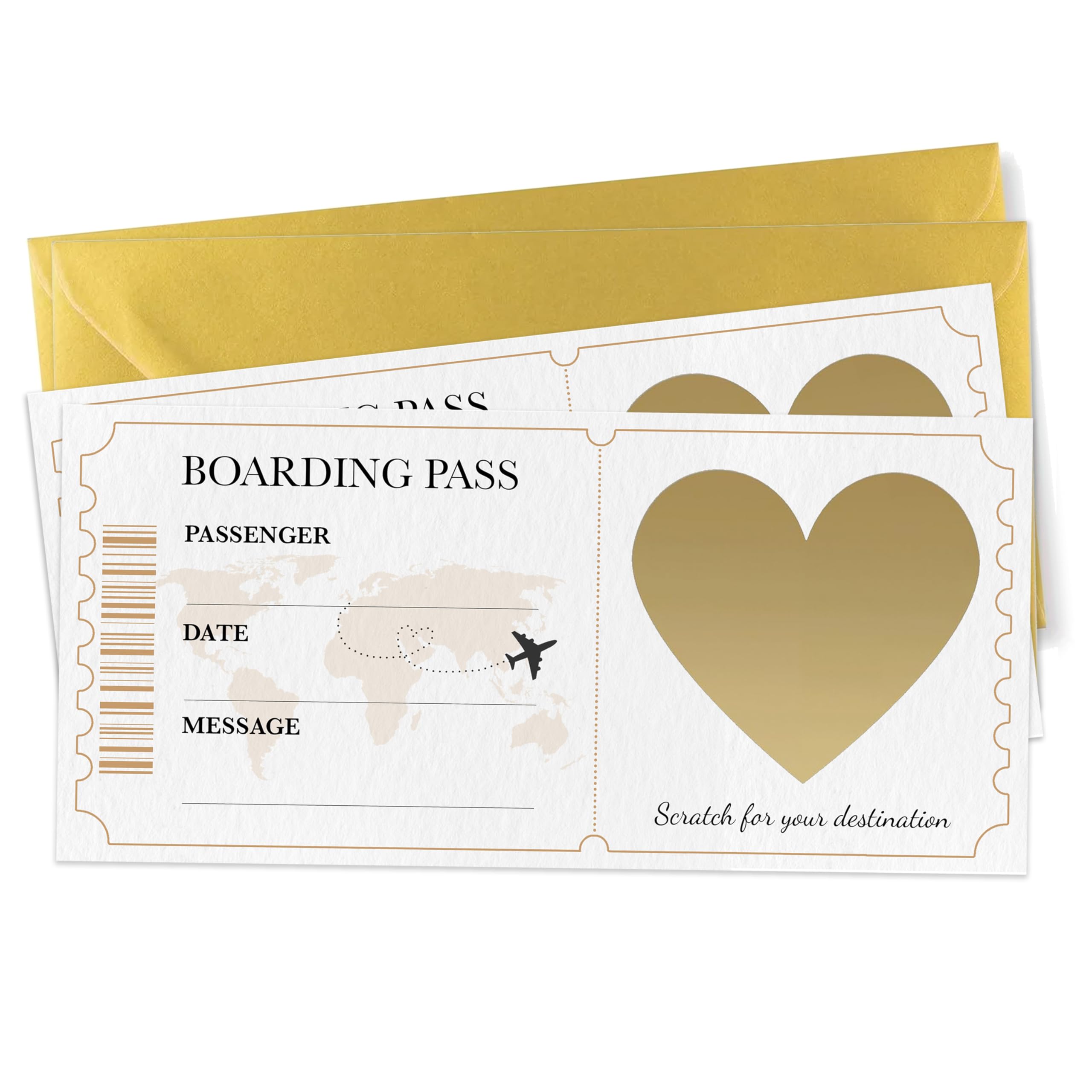 Golden Travel Ticket Scratch-off Card with Gold Envelope Set of Two - Pair of Boarding Passes Surprise - Holiday Scratchcards for Christmas (Boarding Pass set of two)