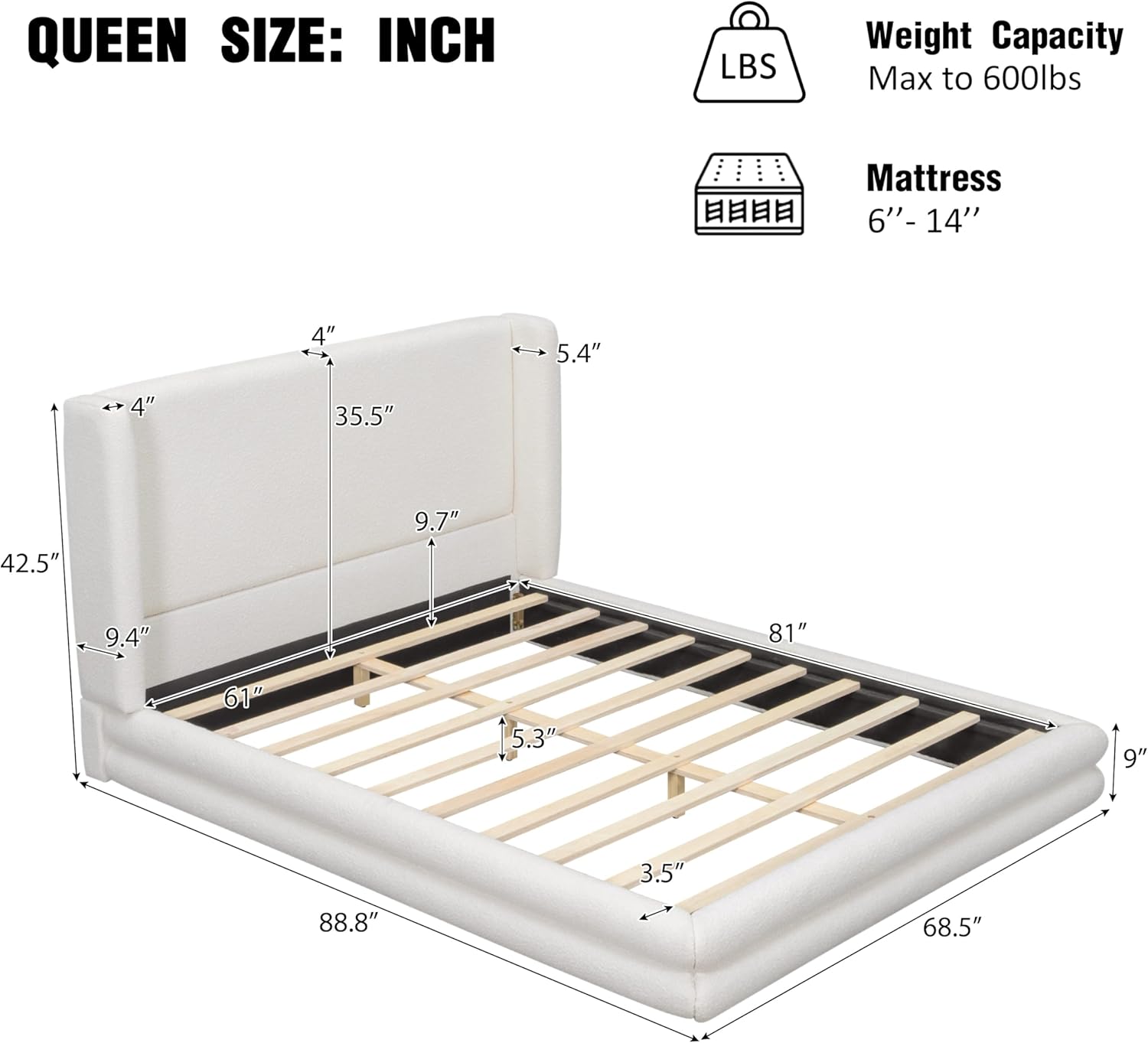 Merax Queen Size Bed Frame with Boucle Upholstered Headboard, 42.5" Wingback Platform Bed Frame with No Box Spring Needed, White Fabric Modern Bedroom Platform Bed
