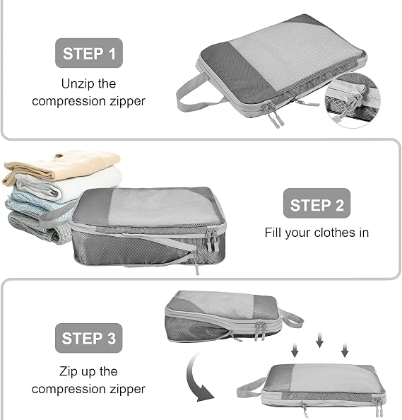 Compression Packing Cubes for Suitcases, Organizer Cubes for Travel Essentials, Luggage Suitcase Organizer Bags Set, Lightweight Packing Organizers as Travel Accessories (Set of 5, Grey)