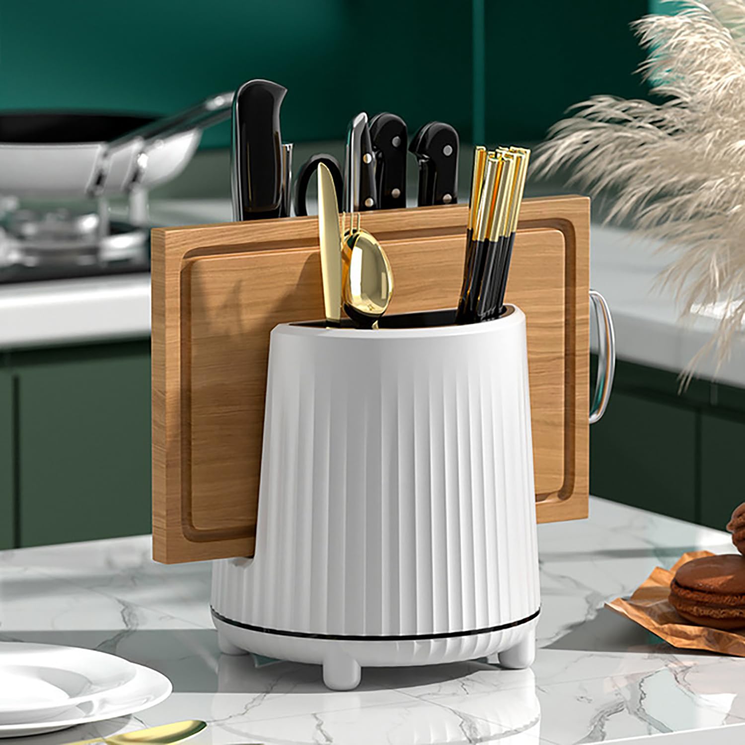 House of Quirk Kitchen Utensil Holder for Countertop Chopping Board Holder Organizer Cutlery Holder Utensil Caddy Crock Silverware Flatware Organizer (White)
