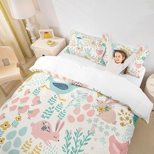 Miniatura 5 de Juego de funda de edredón de pollo, tamaño individual, diseño de conejo azul, rosa, caricatura, kawaii, animales salvajes, funda de edredón amarilla