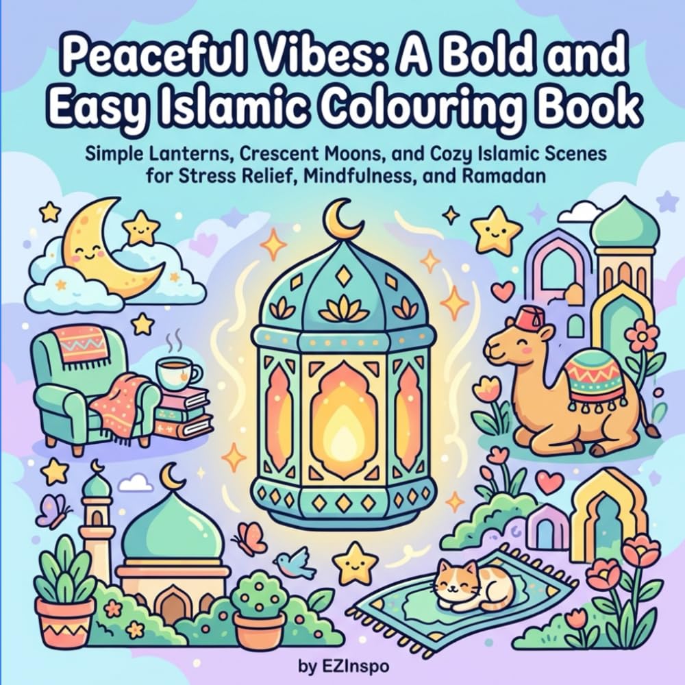 Peaceful Vibes: A Bold And Easy Islamic Colouring Book: Simple Lanterns, Crescent Moons, and Cozy Islamic Scenes for Stress Relief, Mindfulness, and Ramadan