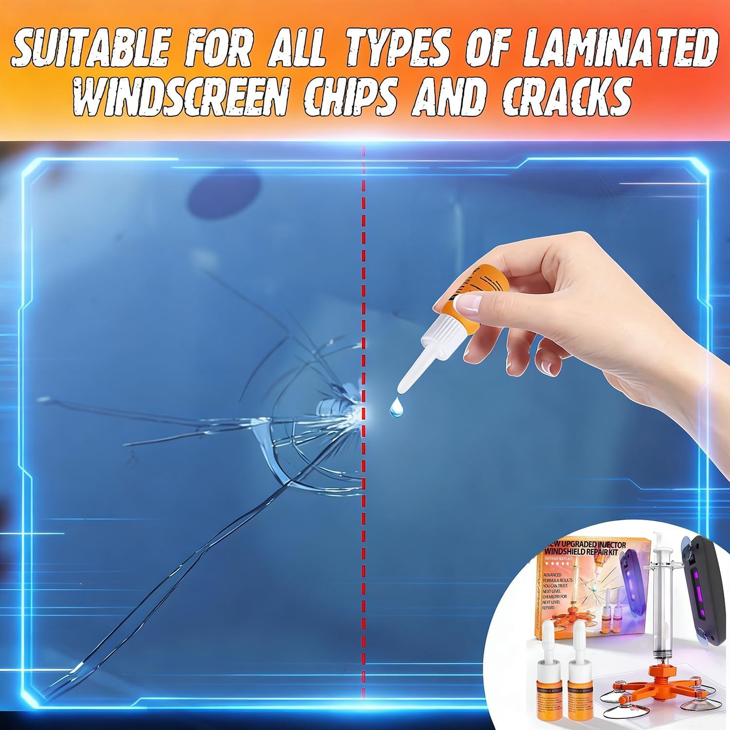 Windshield Repair Kit, Windshield Crack Repair Kit with Suction Cup Curing Light, 2 Pcs Car Glass Repair Kit Quick Fix for Chips &amp; Cracks, Windshield Chip Repair Kit, Automotive Nano Fluid (Mandarin)