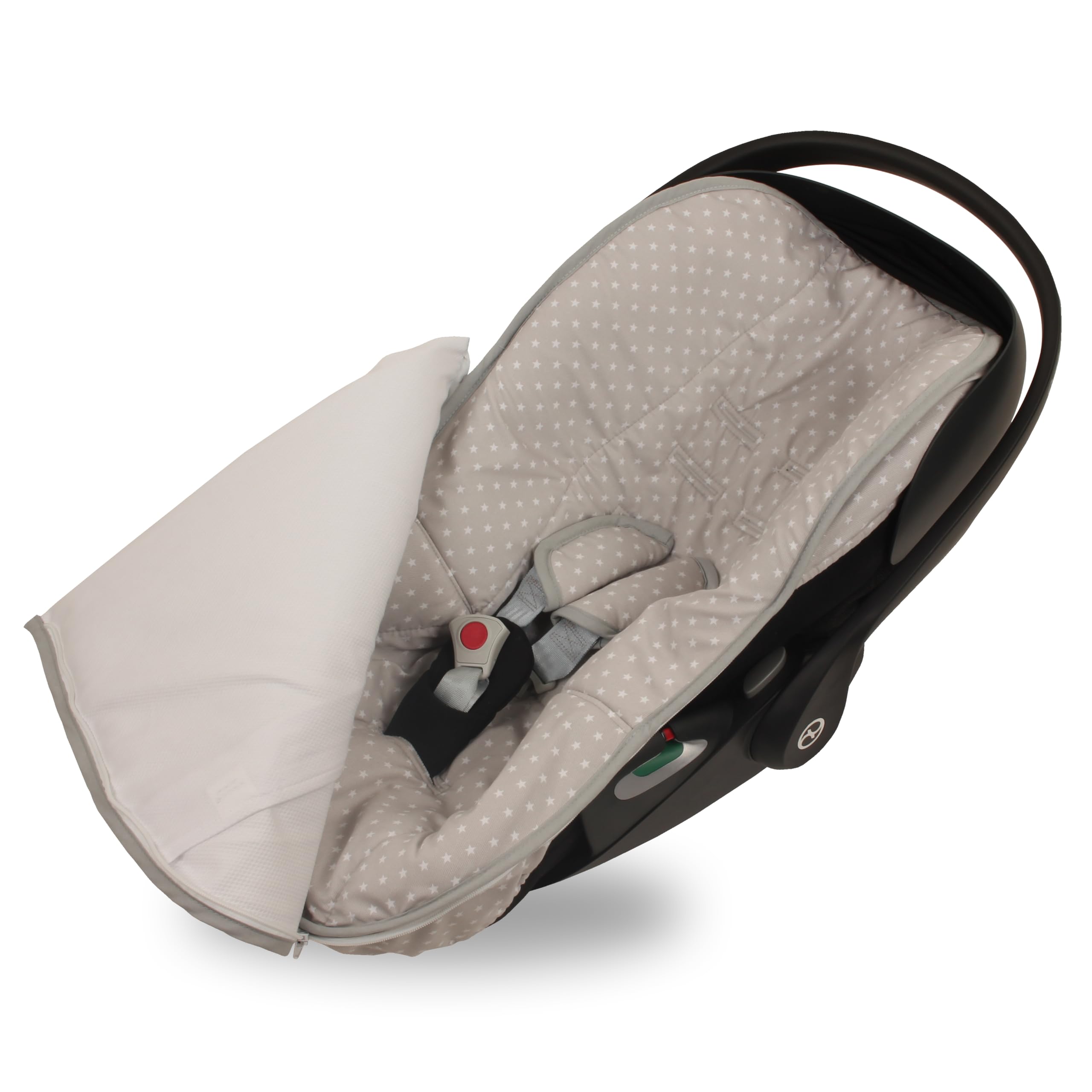 Funda y Saco Grupo 0 Bebé para Cybex Cloud T i-size | 2 en 1 Convertible en Funda | Compatible con Arneses Seguridad de 3 y 5 puntos |Relleno Nórdico Extraible| ESTRELLA BLCO y Piqué Gris