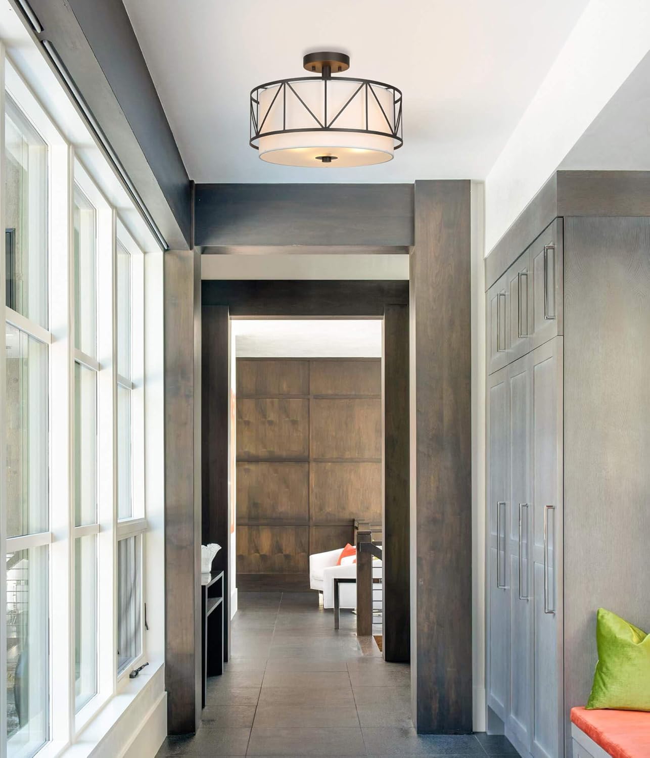 XiNBEi Lighting 16 inch Semi Flush Mount Ceiling Light Fixture with Metal Cage, Modern Drum Light Fixture for Bedroom Kitchen Ceiling Light Fixture for Dining Room XB-SF330-DB