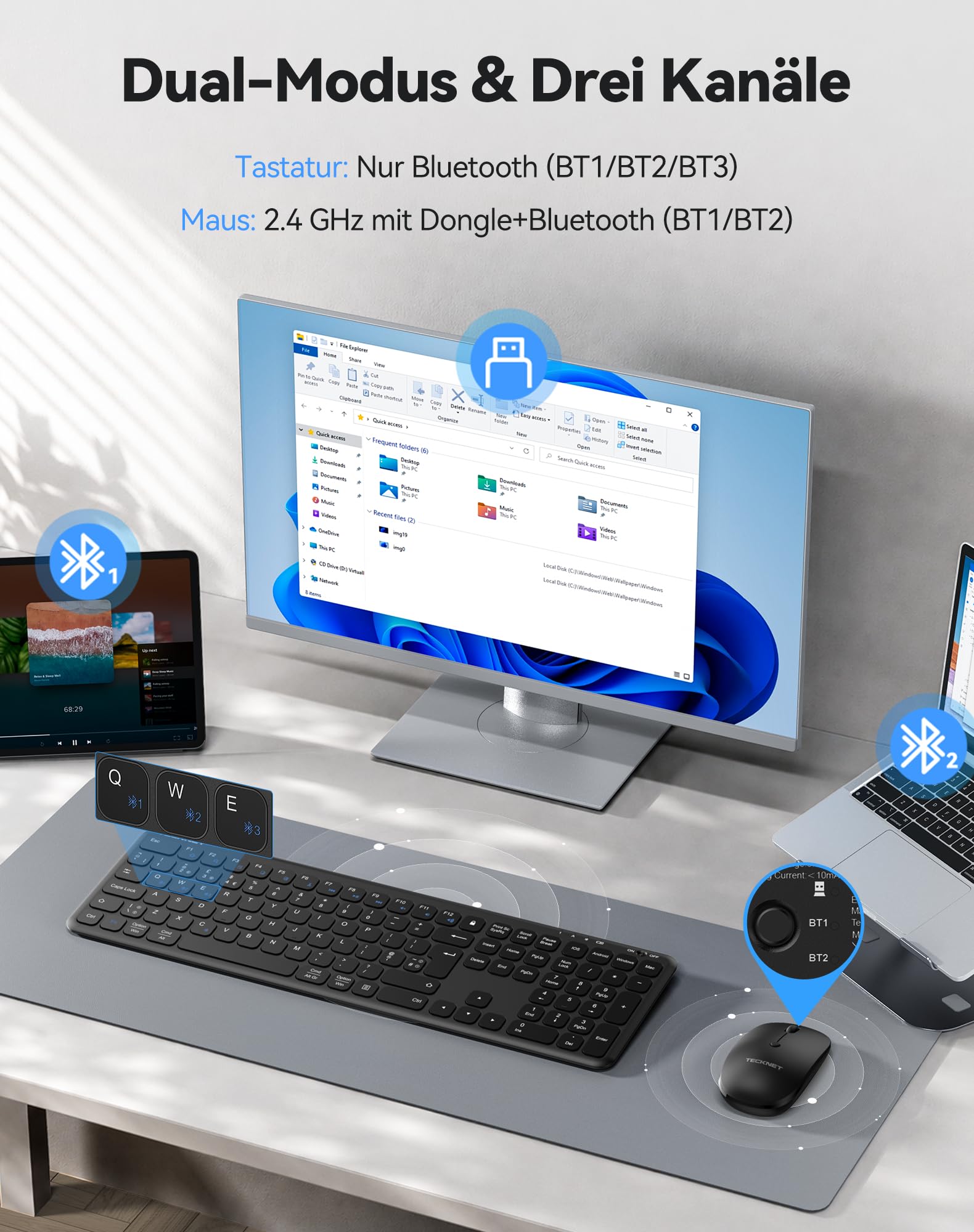 TECKNET Tastatur Maus Set Kabellos - Wiederaufladbare Ultradünne Bluetooth Tastatur mit Maus, Deutsches QWERTZ-Layout, 2.4 GHz Leise Funktastatur mit Maus für Mac, Windows, Laptop, PC