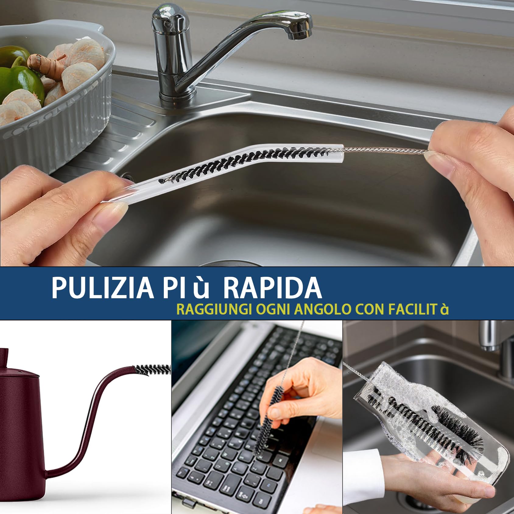 Spazzola Per Bottiglie, Set Di 8 Spazzolini In Nylon Per Cannucce E Tubi, Per Pulire Bottiglie A Collo Stretto, Biberon, Barattoli E Beccucci Di Teiera (Nero)
