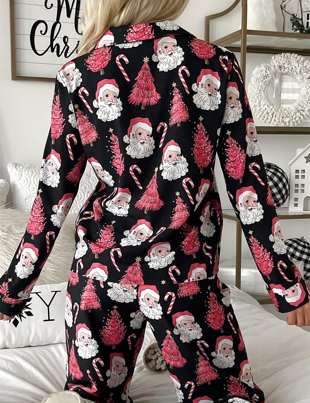 Womens Christmas Santa Pajama Set Long Sleeve Sleepwear Soft Loungewear 2 Piece Button Down Pjs Lounge Set - Image 3
