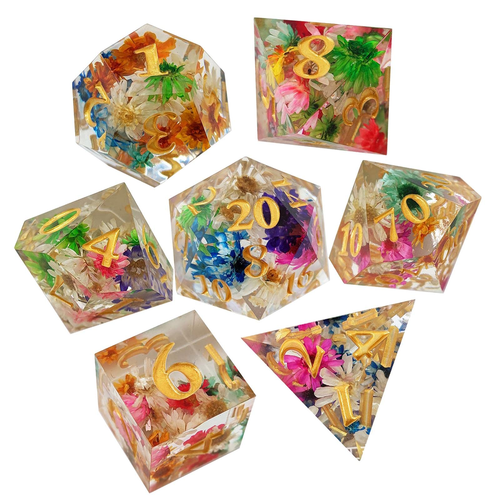2 set de 7 dés polyédriques transparents en forme de fleur gravée pour les fêtes