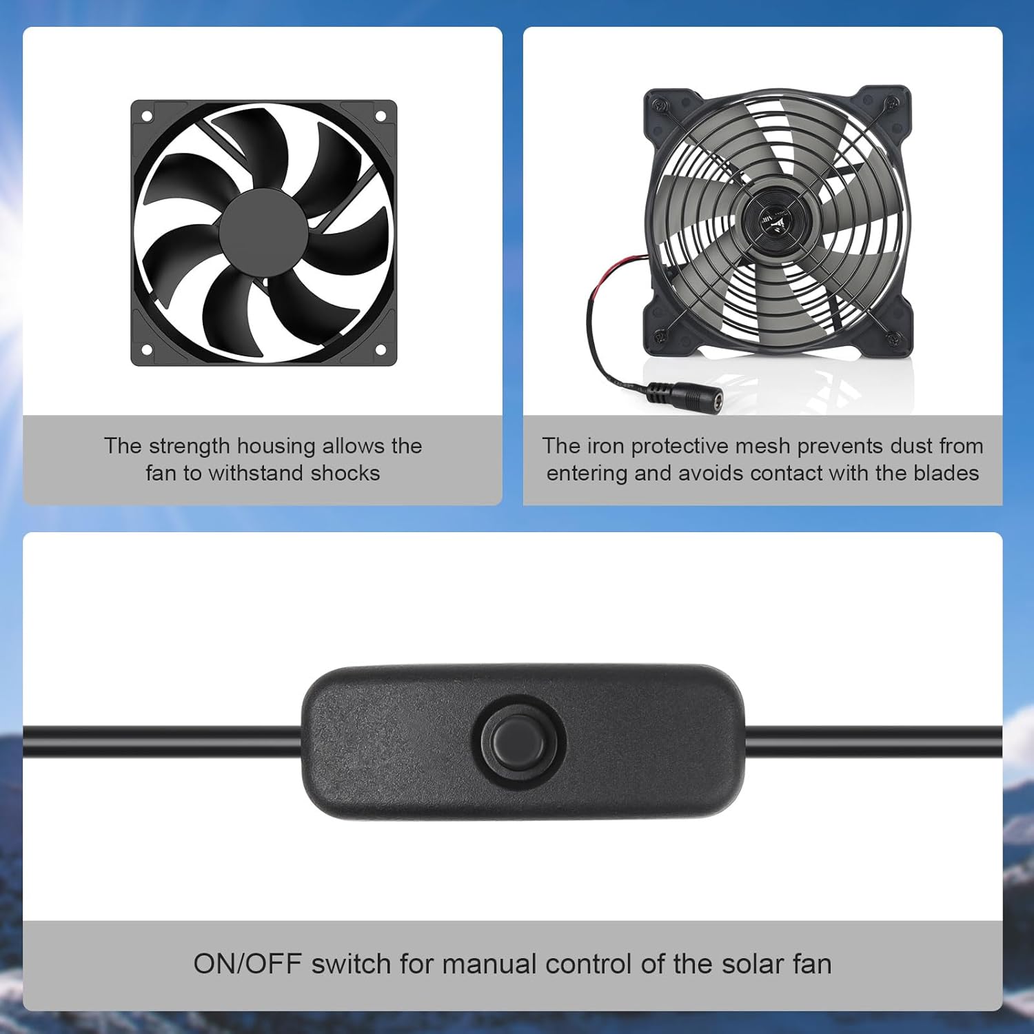 Soshine Solar Fan for Chicken Coop 12W 12V Greenhouse Fan with 2pcs 13Ft/4m On/Off Switch Cable, Silent Operation, High Efficiency, Black, 5.51" x 5.51"