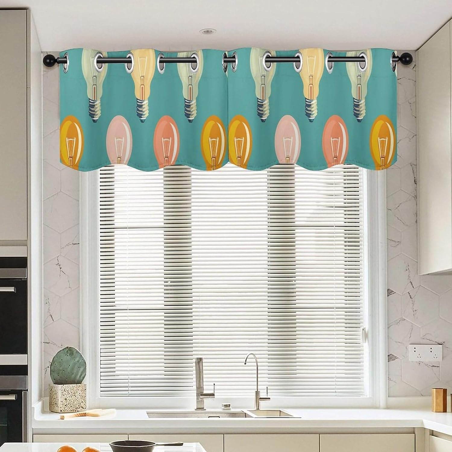 Light Bulb Pattern Valance for Windows, 2 Pack Kitchen Curtains Modern Home Decor, Soft Blackout Window Curtains for Living Room & Bedroom, 18 X 52 Inch