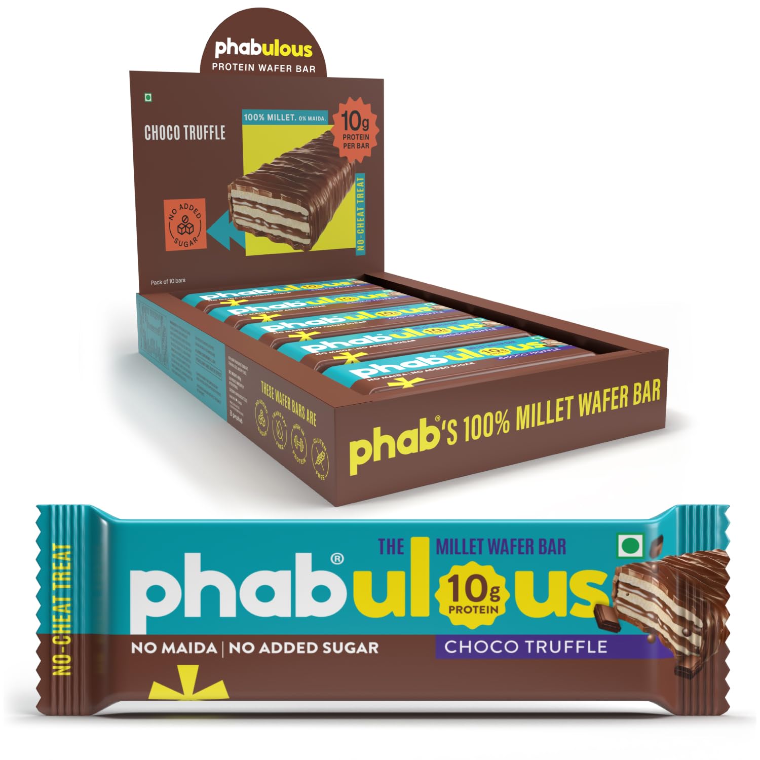 Phab Millet Wafers - Choco Truffle | 10g Protein | 0 Sugar, No Maida, No Preservatives, No Trans Fat | Millet Goodness (Bajra) | Gluten-Free Healthy Snack | Desk-to-Gym Snack | Pack of 10