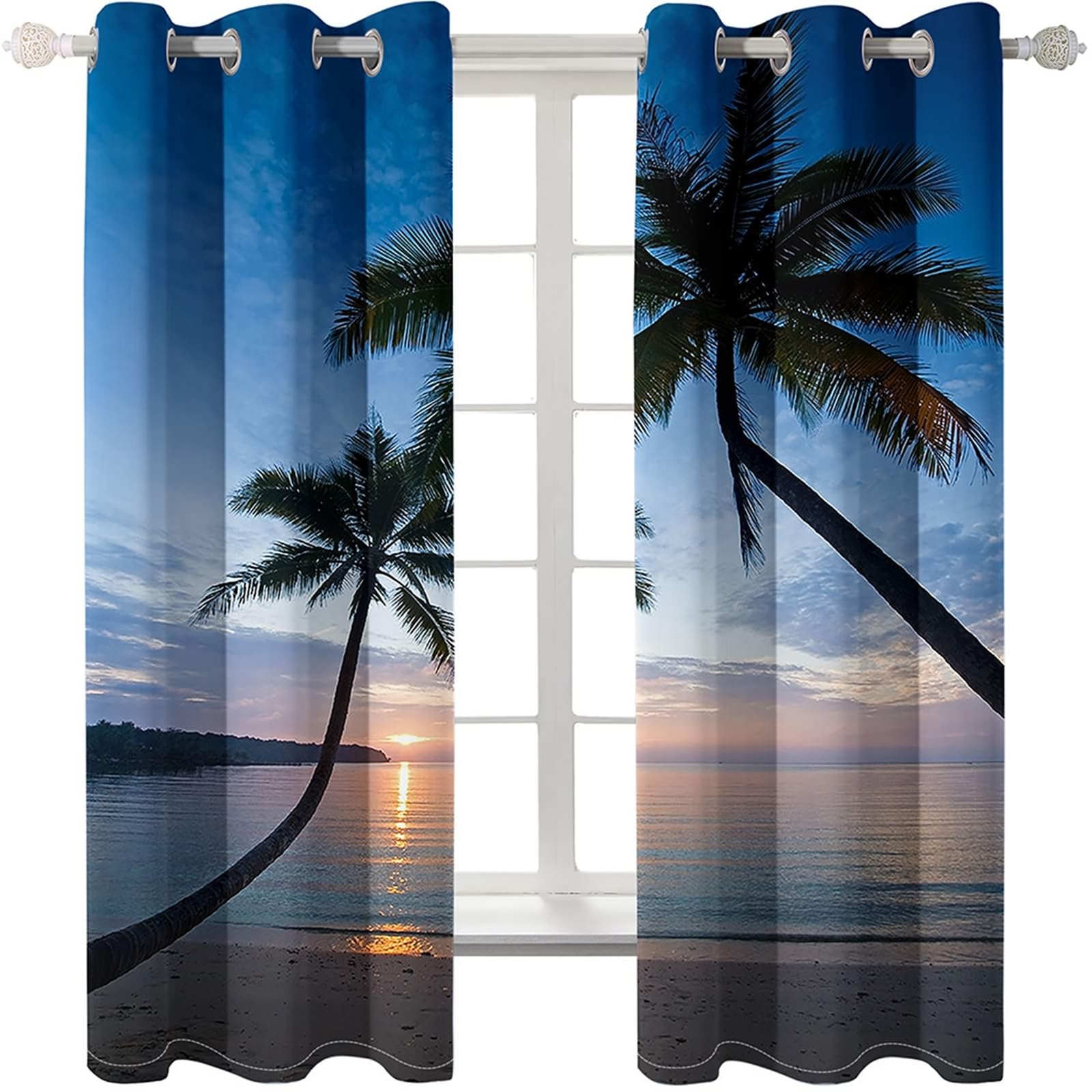 2 Panneaux Rideaux Occultant, Rideau Thermique Fenetre à Oeillets Paysage Plage Cocotiers Lever de Soleil sur Mer Rideaux pour Salon Chambre, 152x183 CM(LxH), Bleu Vert Marron