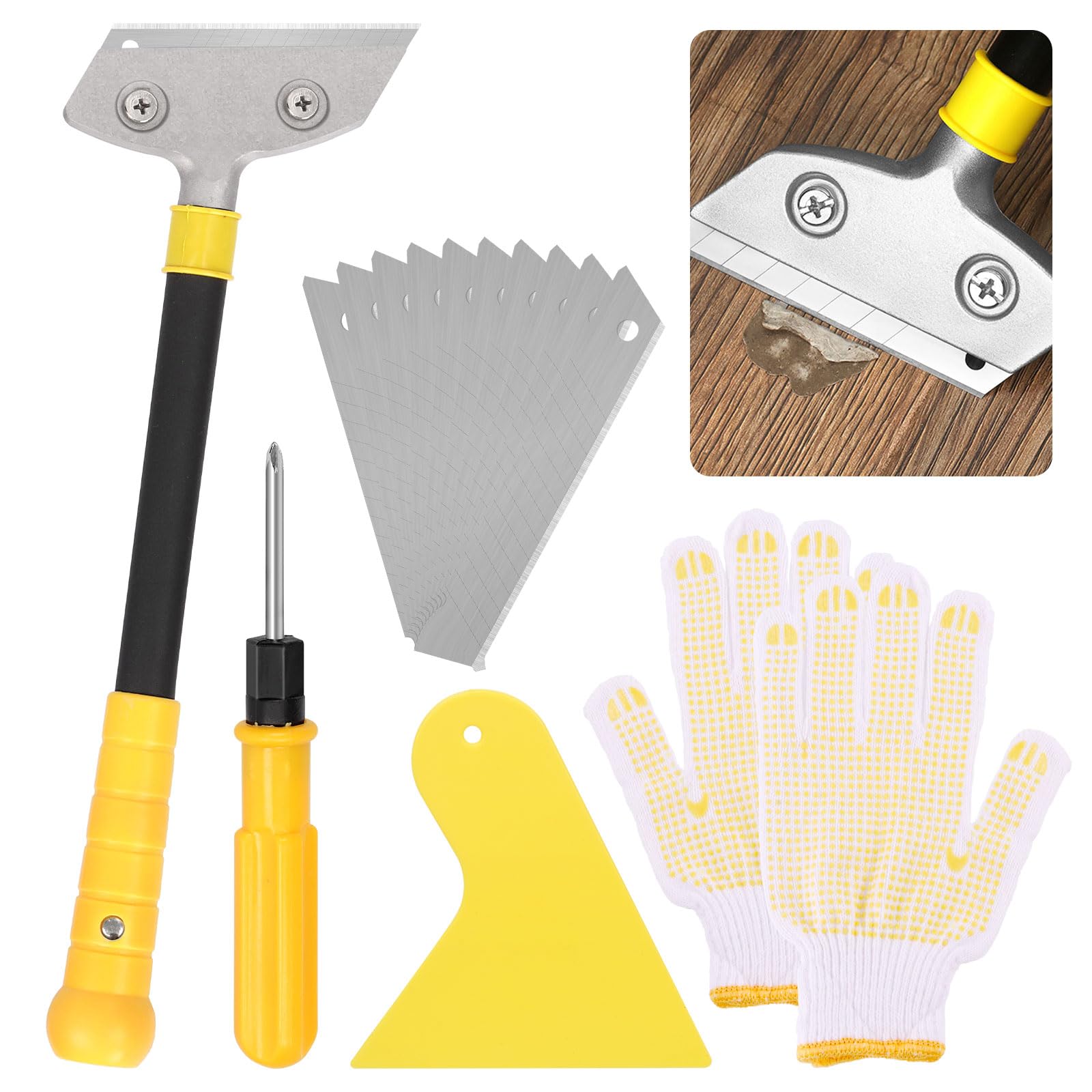 Tanstic 14Pcs Razor Blade Scraper Kit, Razor Blade Sticker Remover, Floor Scraper, Paint Glass Scraper Tool with Replacement Blades, Screwdriver and Gloves for Glass Window Tile Stove