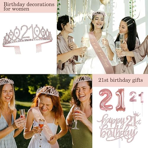Miniatura 5 de Decoraciones de regalos de cumpleaños 21 para ella, incluyendo corona de cumpleaños número 21, pancarta de feliz cumpleaños, banda de reina con pin