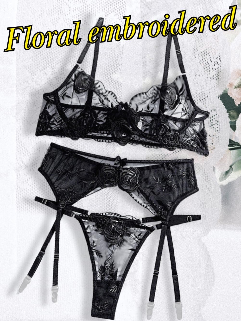 Kaei&Shi Floral Embroidered Mesh Sheer,Underwire Satin Bow,High Cut Thong,Belt Garter Lingerie - Image 4