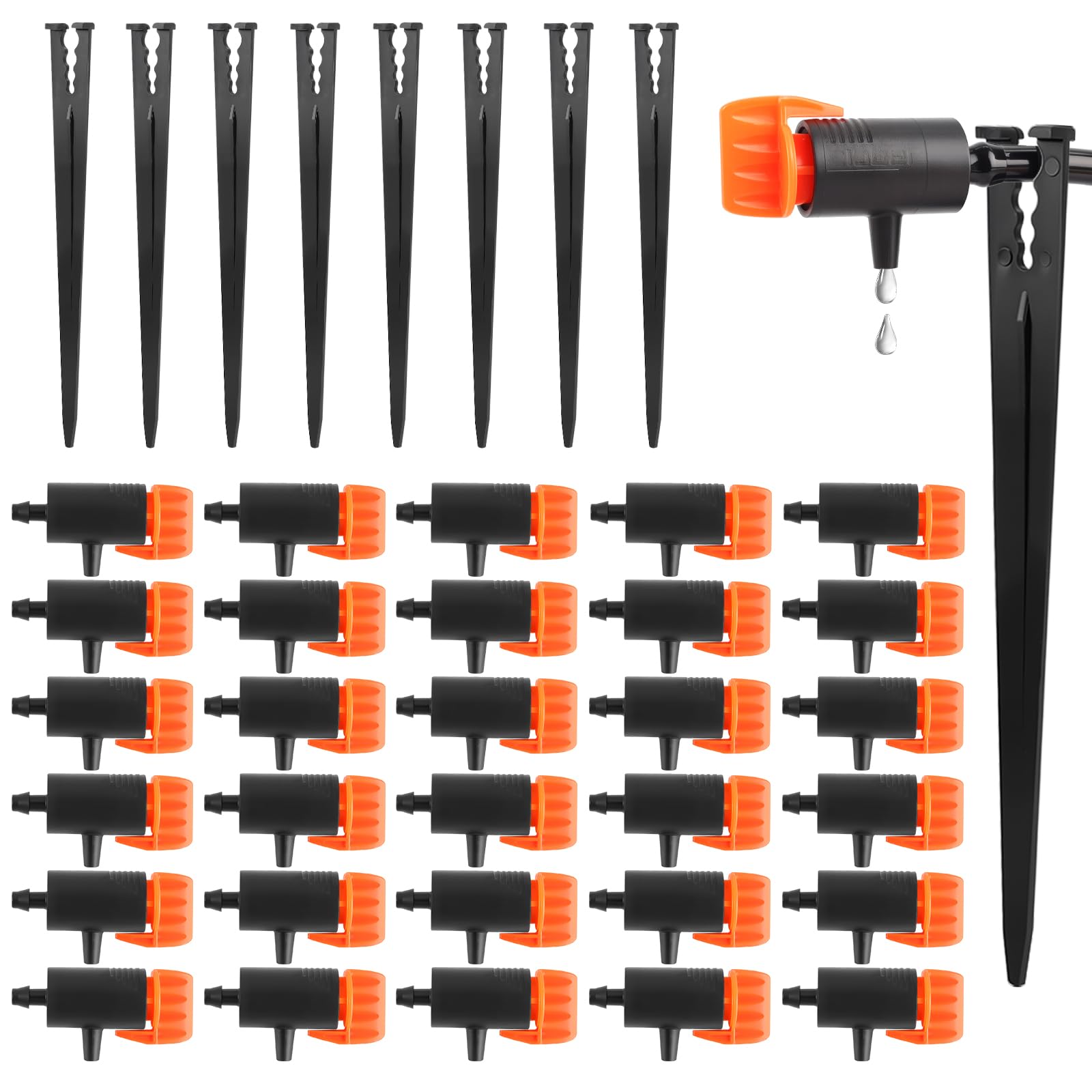 Kalolary Adjustable Water Flow Irrigation Dripper with Support Stakes, 30Pcs Drip Irrigation Emitters System Fit for 1/4 inch Hose for Garden Lawn Plants Flower Pot (Green)
