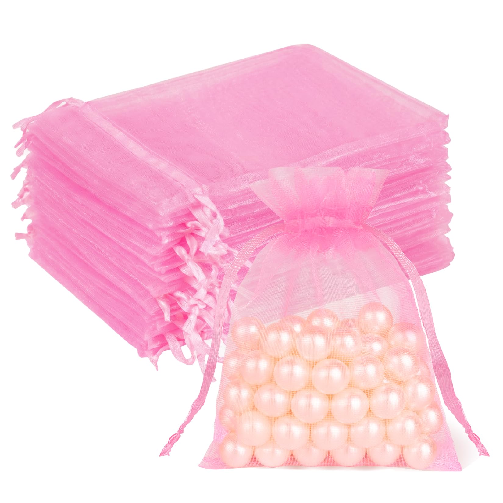 Crweety 50 Pcs Organza Bags 3x4, Pink Small Mesh Gift Bags Drawstring Bulk