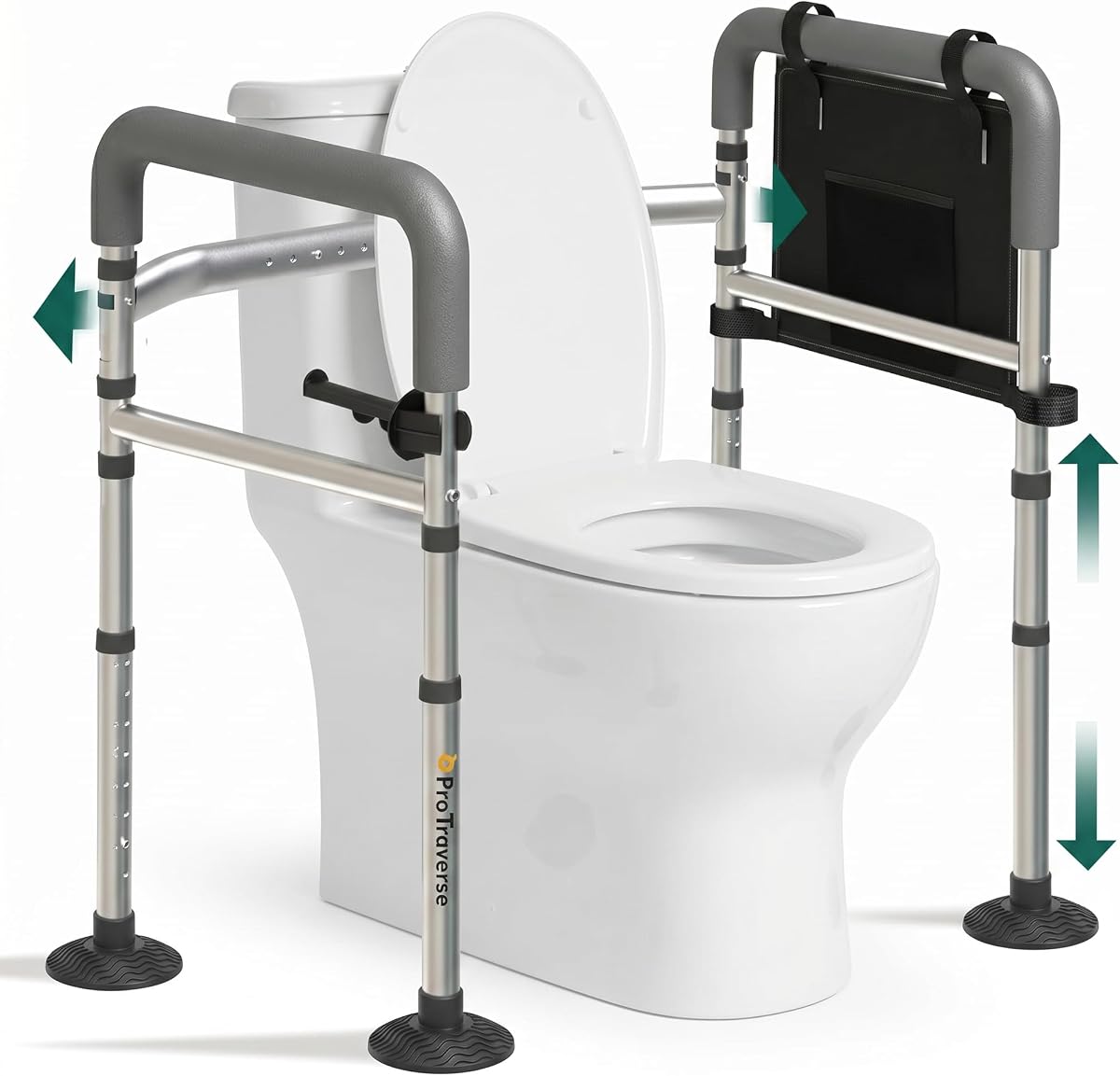 Toilet Safety Rails(350LBS), Adjustable Toilet Frame with Handles for Seniors, Elderly & Disabled, Foldable Toilet Grab Bars with Tissue Holder & Storage Bag,Fit Any Toilet, Gray