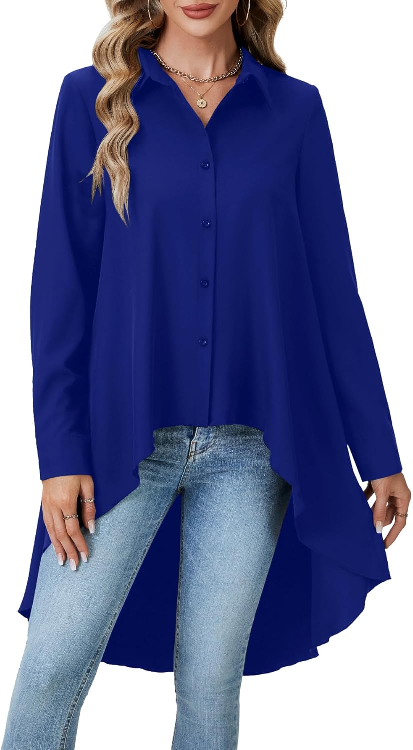 OPOIPIN Women's Button Down Asymmetrical Hem Collar V Neck Long Sleeve Blouse Top - Image 2