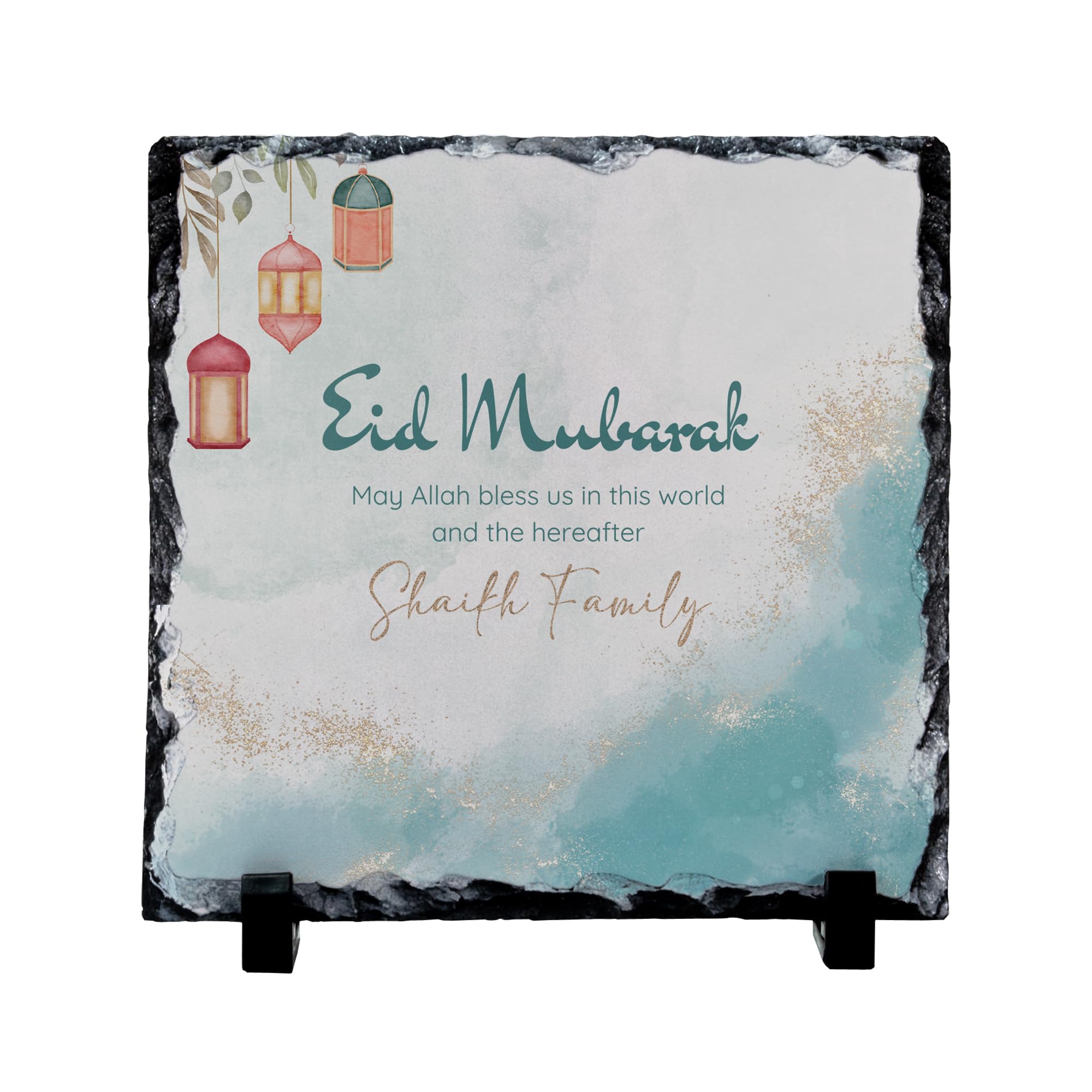 Personalised Eid Mubarak Slate Plaque – Custom Family Name Islamic Ramadan Gift, Handcrafted Decorative Stone with Lantern Design, Perfect Muslim Home Décor & Blessings for Eid Celebrations