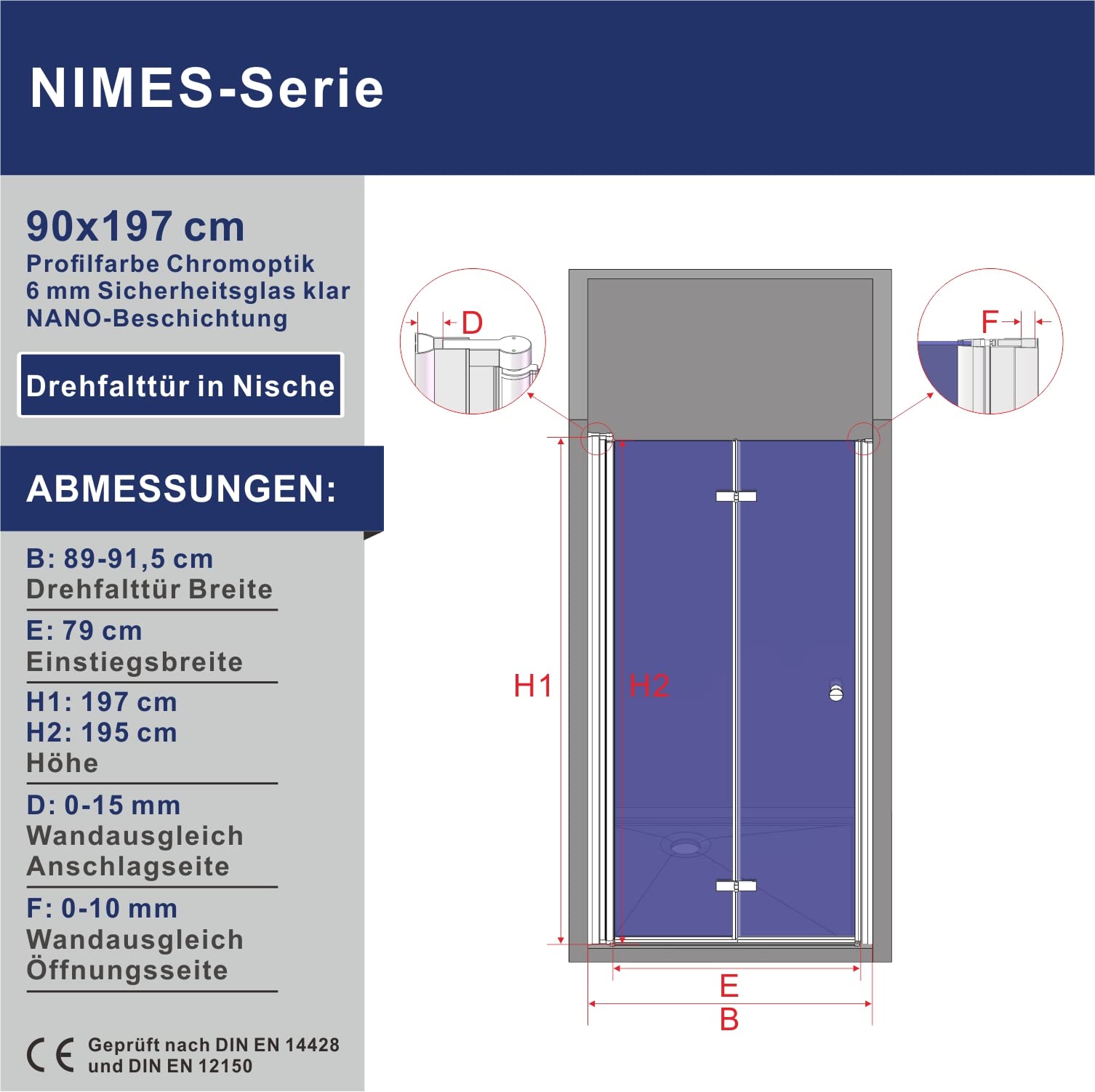 Duschtür klappbar faltbar Glas 90 x 195 cm Wandprofil Chromoptik Nischentür Falttür Dusche Pendeltür Schwingtür ohne Rahmen mit Magnetdichtung Duschtürdichtung unten 6 mm Klarglas NANO-Beschichtung