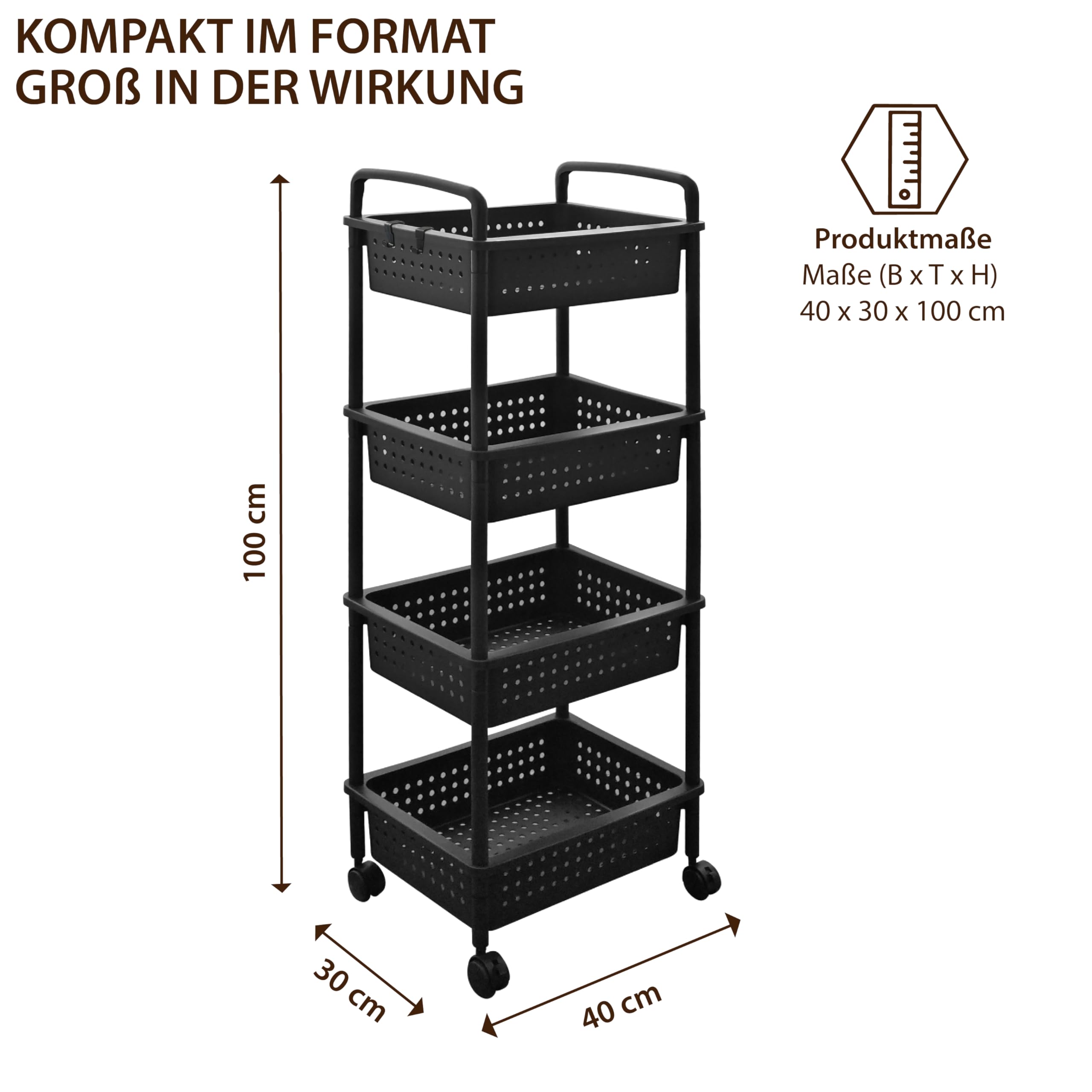 ABBAware Rollwagen mit 4 Körben, 40 x 30 x 100 cm Kunststoff Schwarz - Ablagefachwagen/Aufbewahrungswagen mit Rollen für Küche, Bad, Wohnzimmer