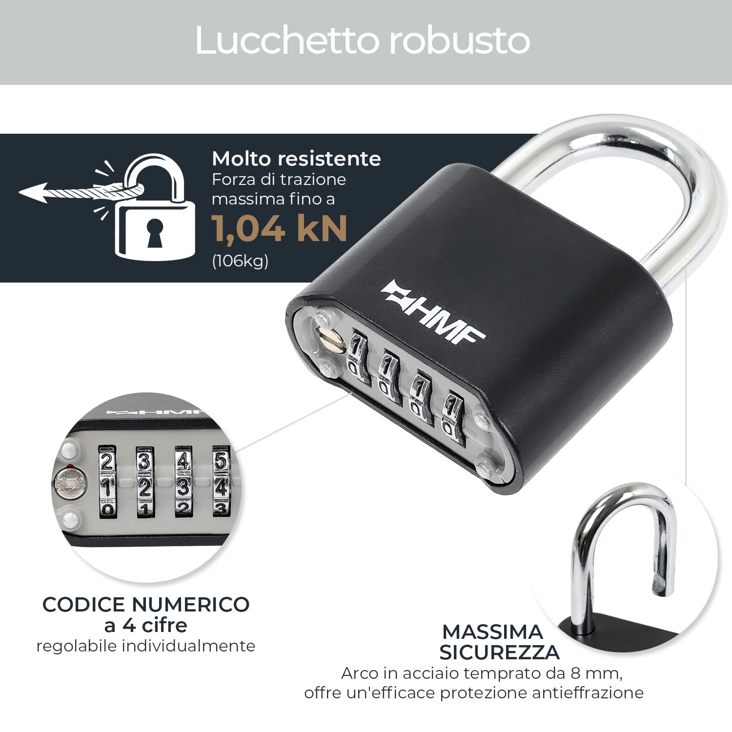 HMF Lucchetto a combinazione con codice a 4 cifre, Lucchetto robusto in lega di zinco | 5,3 x 2,4 x 7,8 cm | Nero