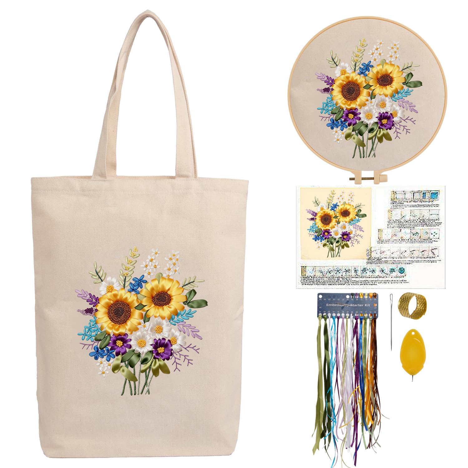 CREAWONDER Hand Embroidery Kits for Bag, Embroidery Kit Bag with Pattern for Beginners, Arts and DIY Embroidery Crafts Kits for Adults, Include Instructions, Embroidery Hoops, Color Threads and Tool
